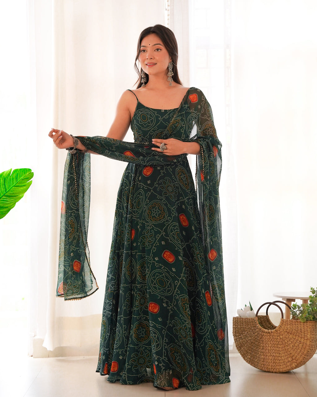 Lorenvalley Women Soft Chiffon Bandhej Fabric Print Fully Flair Anarkali With Pant Dupatta Set - Green