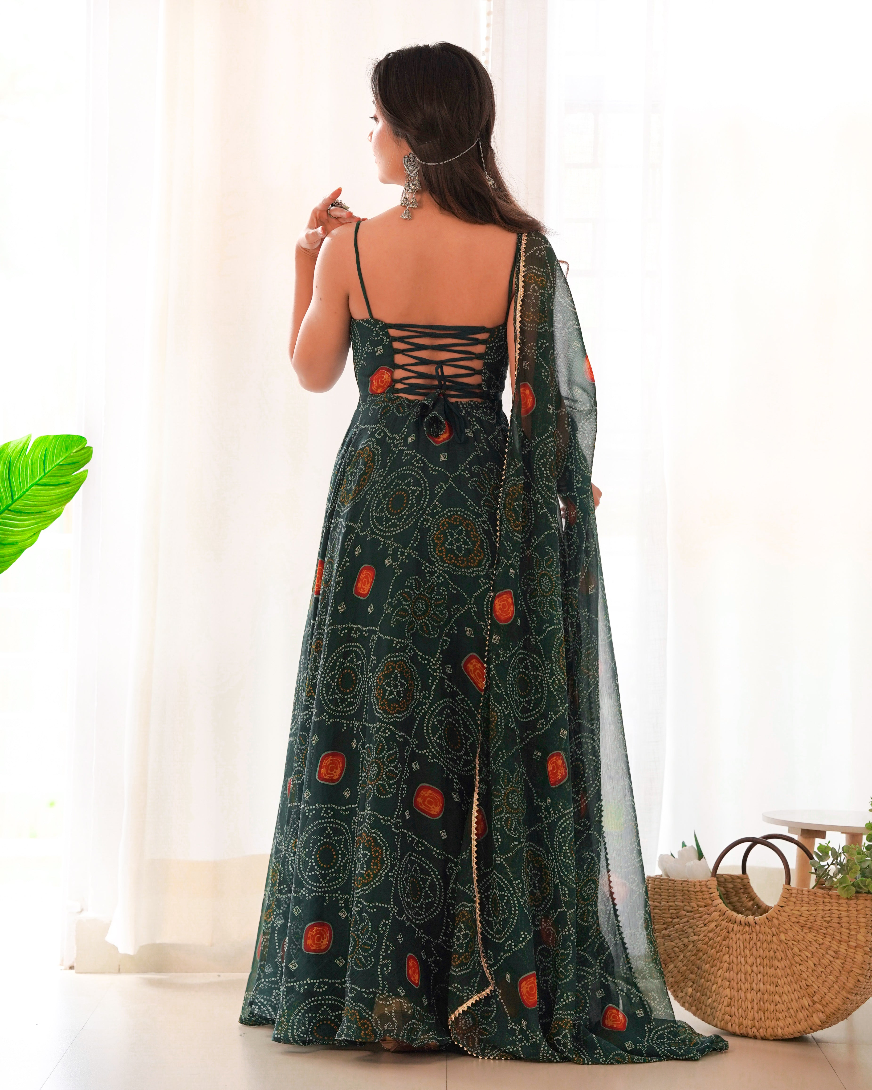 Lorenvalley Women Soft Chiffon Bandhej Fabric Print Fully Flair Anarkali With Pant Dupatta Set - Green