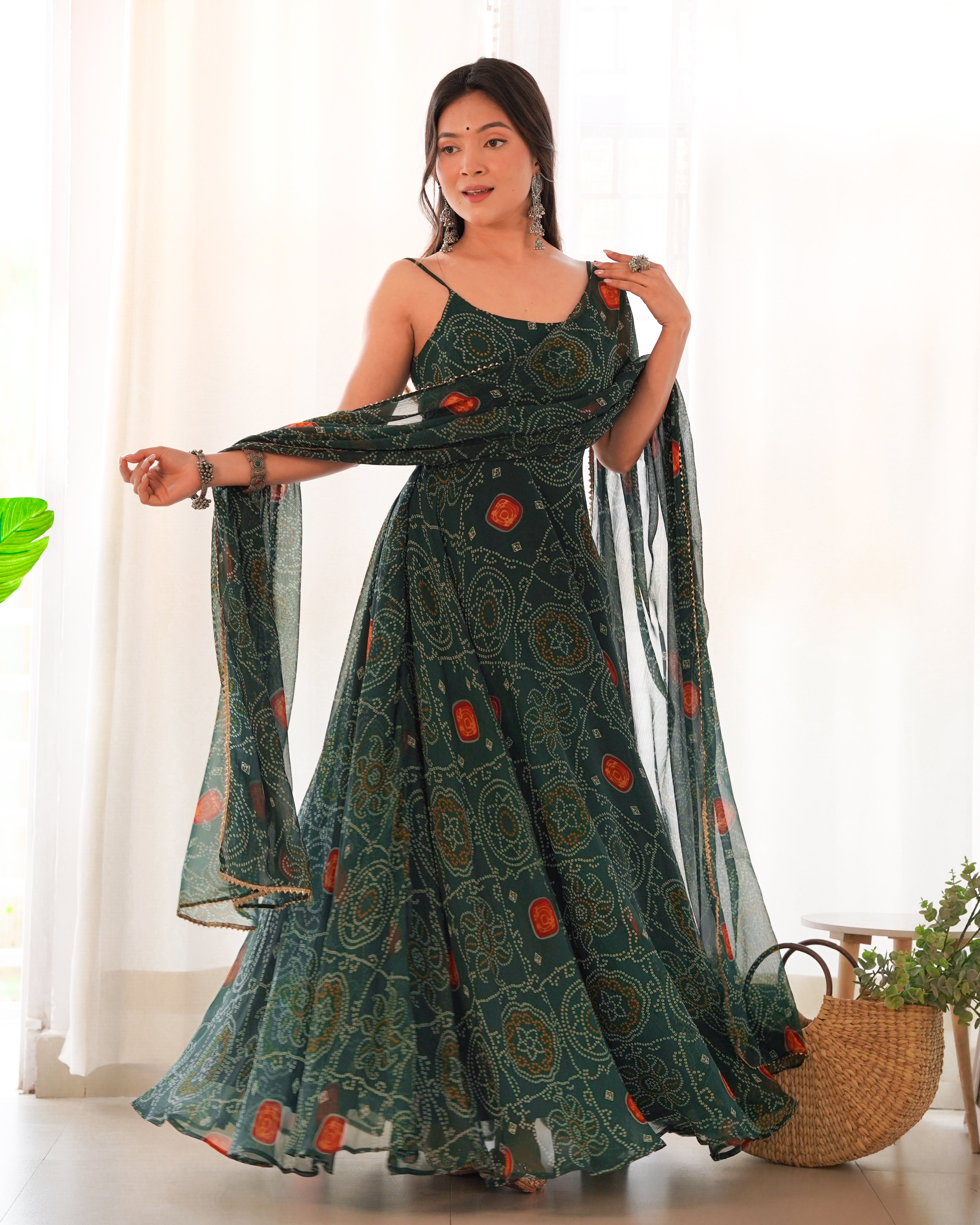 Lorenvalley Women Soft Chiffon Bandhej Fabric Print Fully Flair Anarkali With Pant Dupatta Set - Green