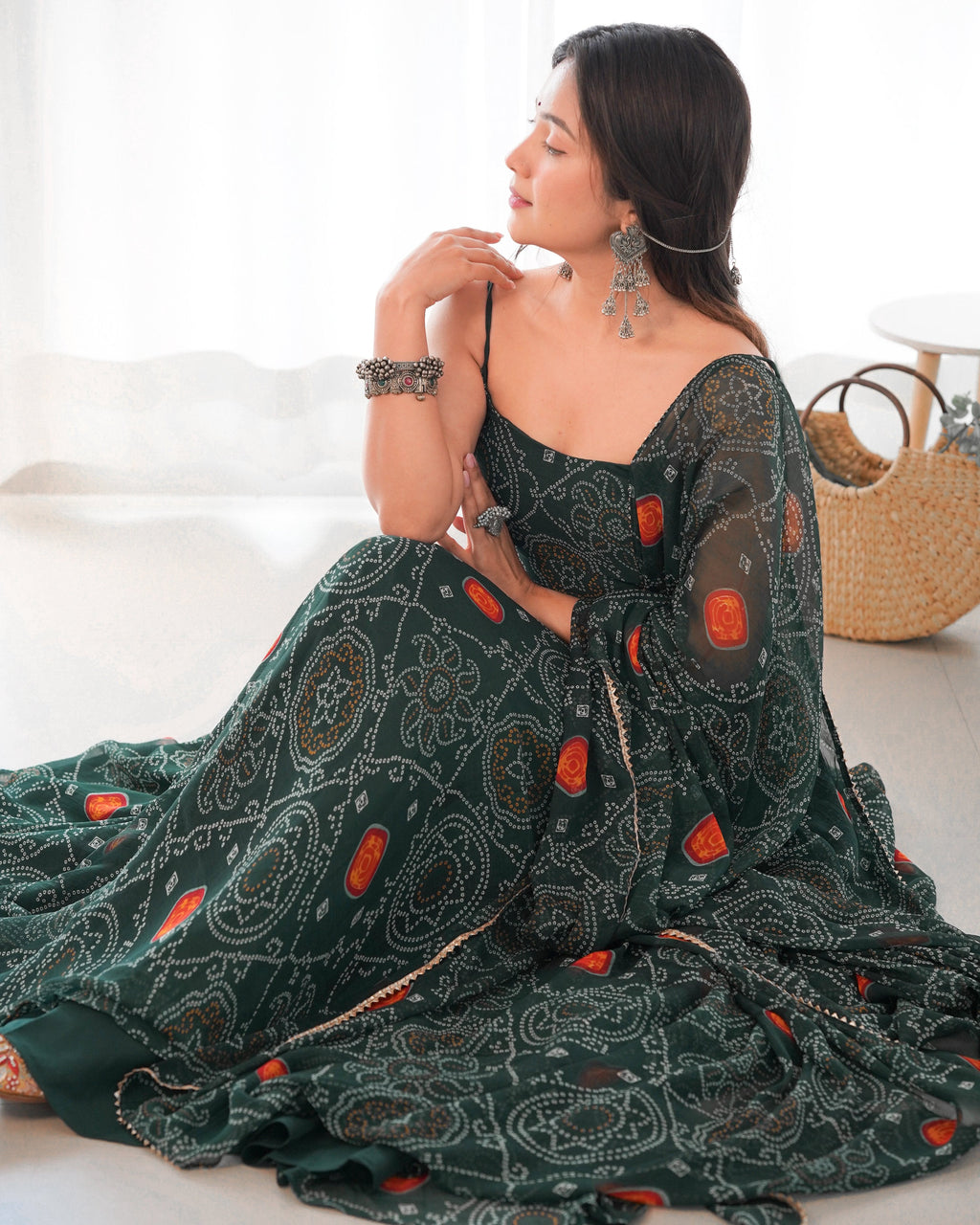 Lorenvalley Women Soft Chiffon Bandhej Fabric Print Fully Flair Anarkali With Pant Dupatta Set - Green