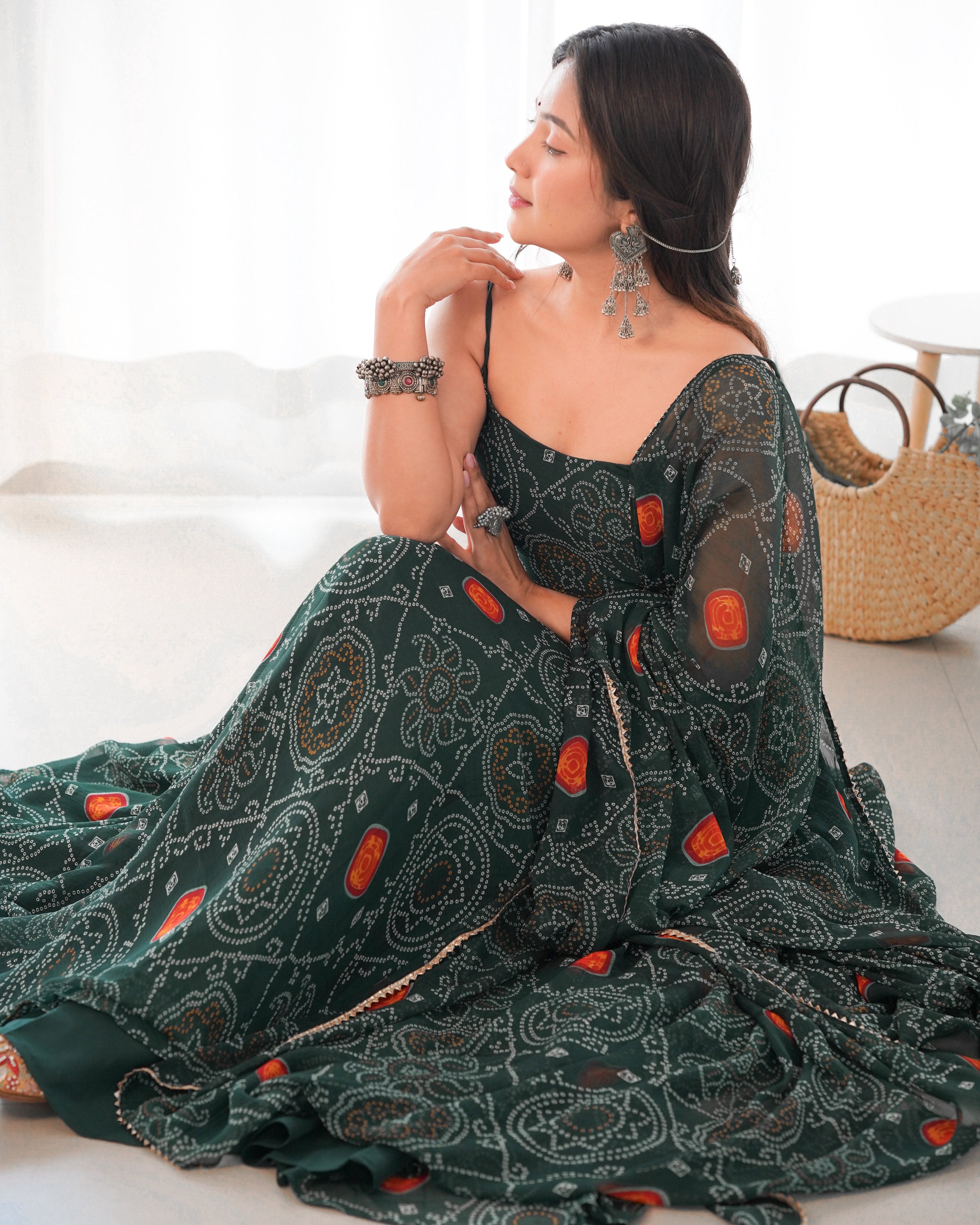 Lorenvalley Women Soft Chiffon Bandhej Fabric Print Fully Flair Anarkali With Pant Dupatta Set - Green