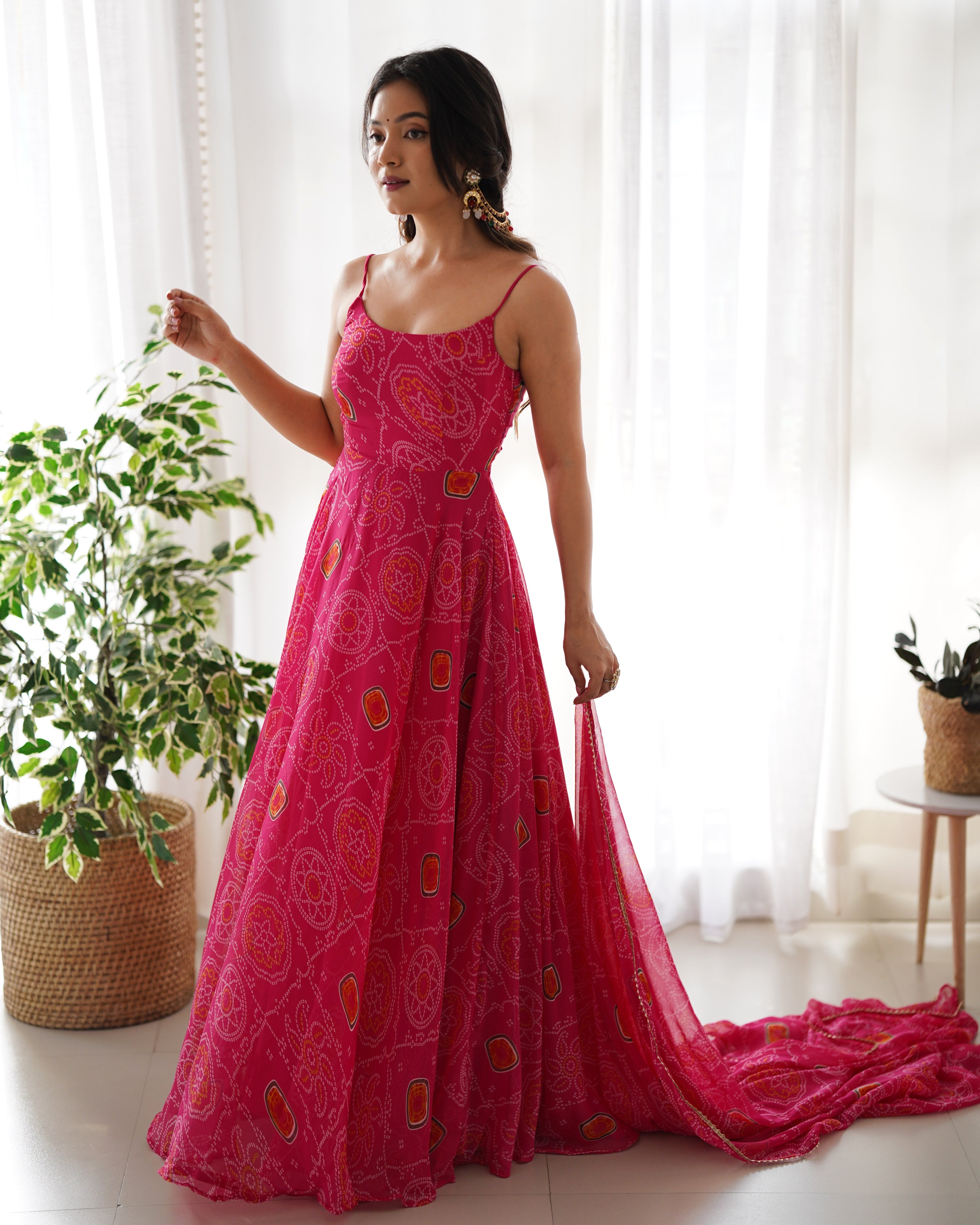 Lorenvalley Women Soft Chiffon Bandhej Fabric Print Fully Flair Anarkali With Pant Dupatta Set - Magenta
