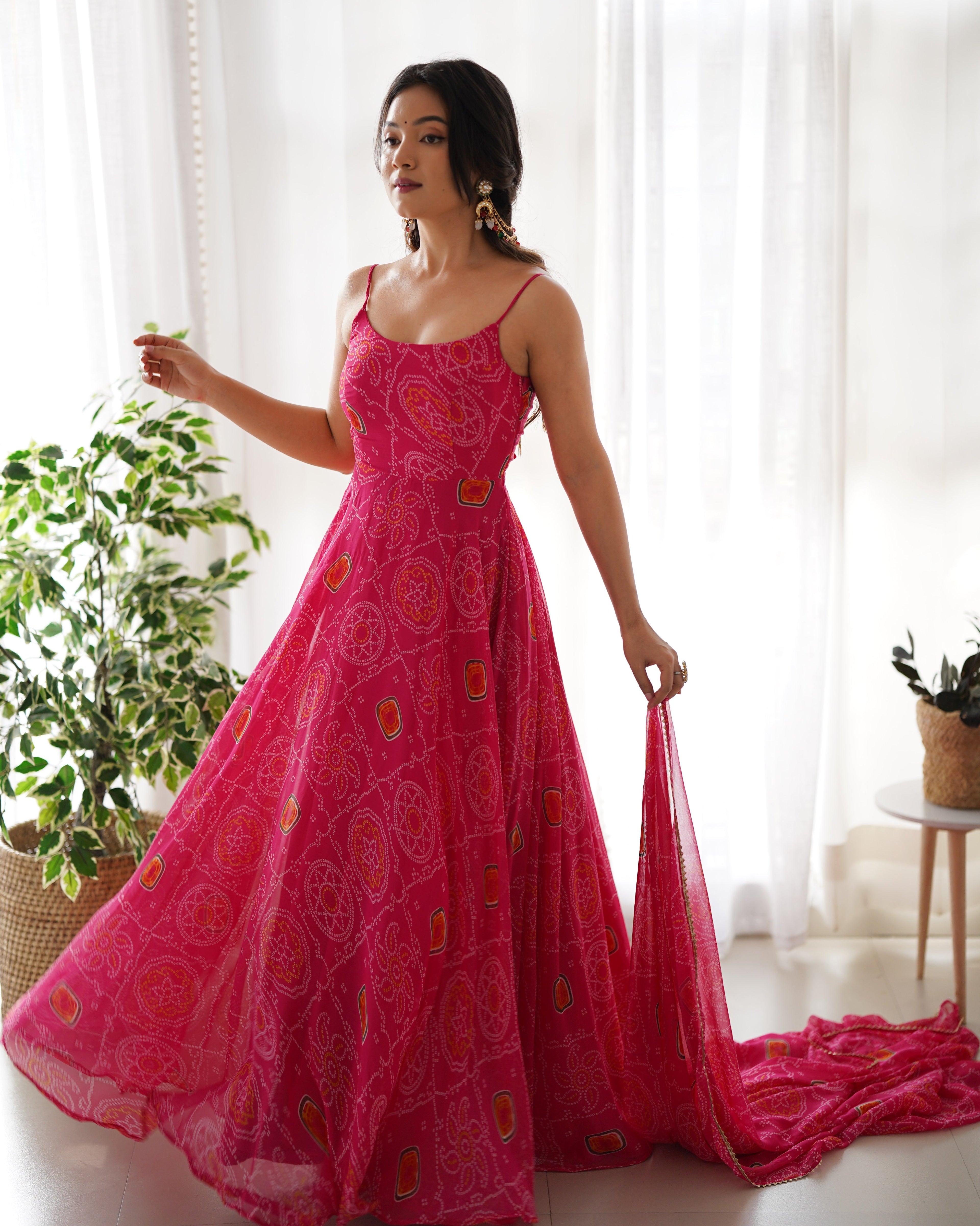 Lorenvalley Women Soft Chiffon Bandhej Fabric Print Fully Flair Anarkali With Pant Dupatta Set - Magenta