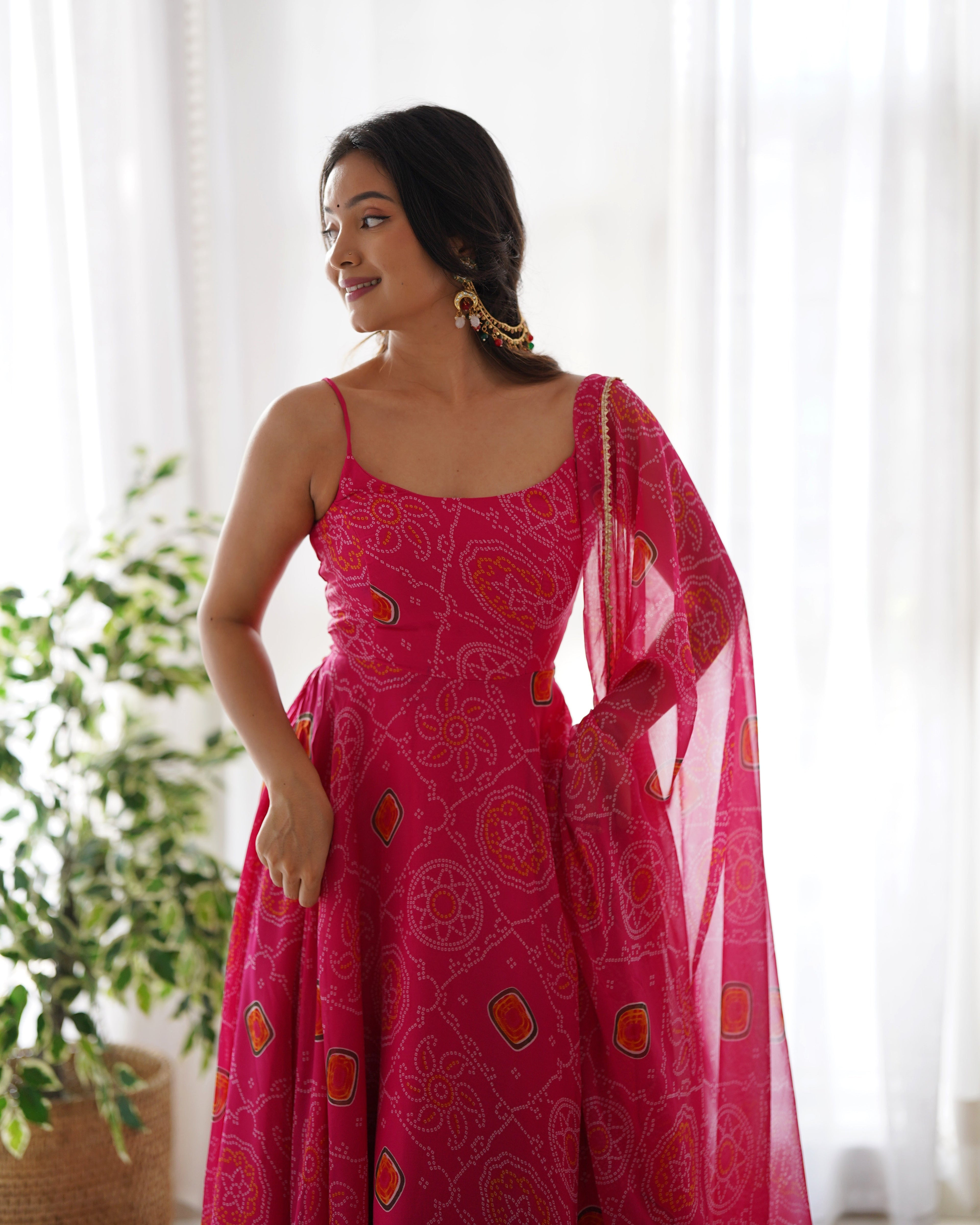 Lorenvalley Women Soft Chiffon Bandhej Fabric Print Fully Flair Anarkali With Pant Dupatta Set - Magenta
