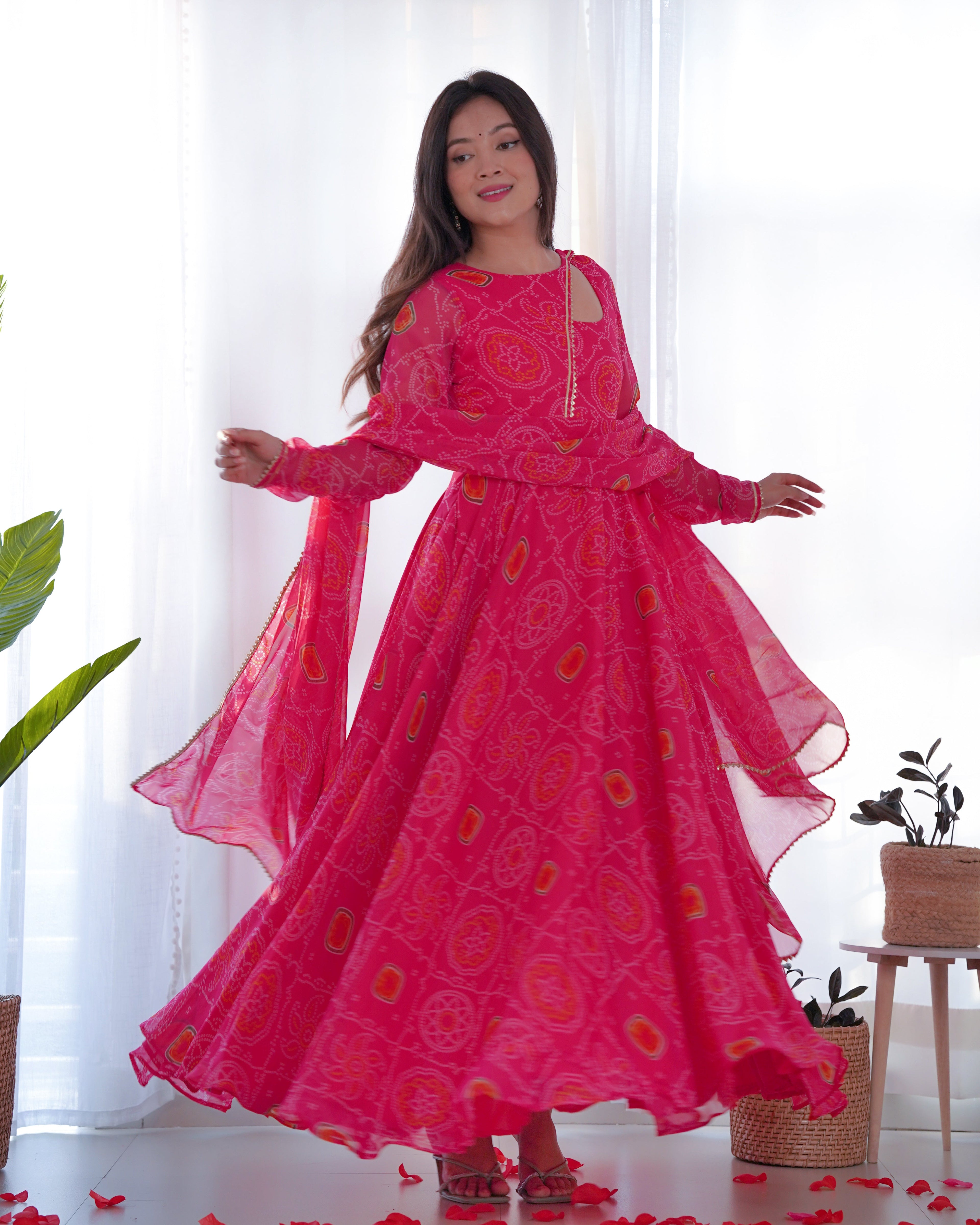 Lorenvalley Women Soft Chiffon Bandhej Fabric Print Fully Flair Anarkali With Pant Dupatta Set - Magenta