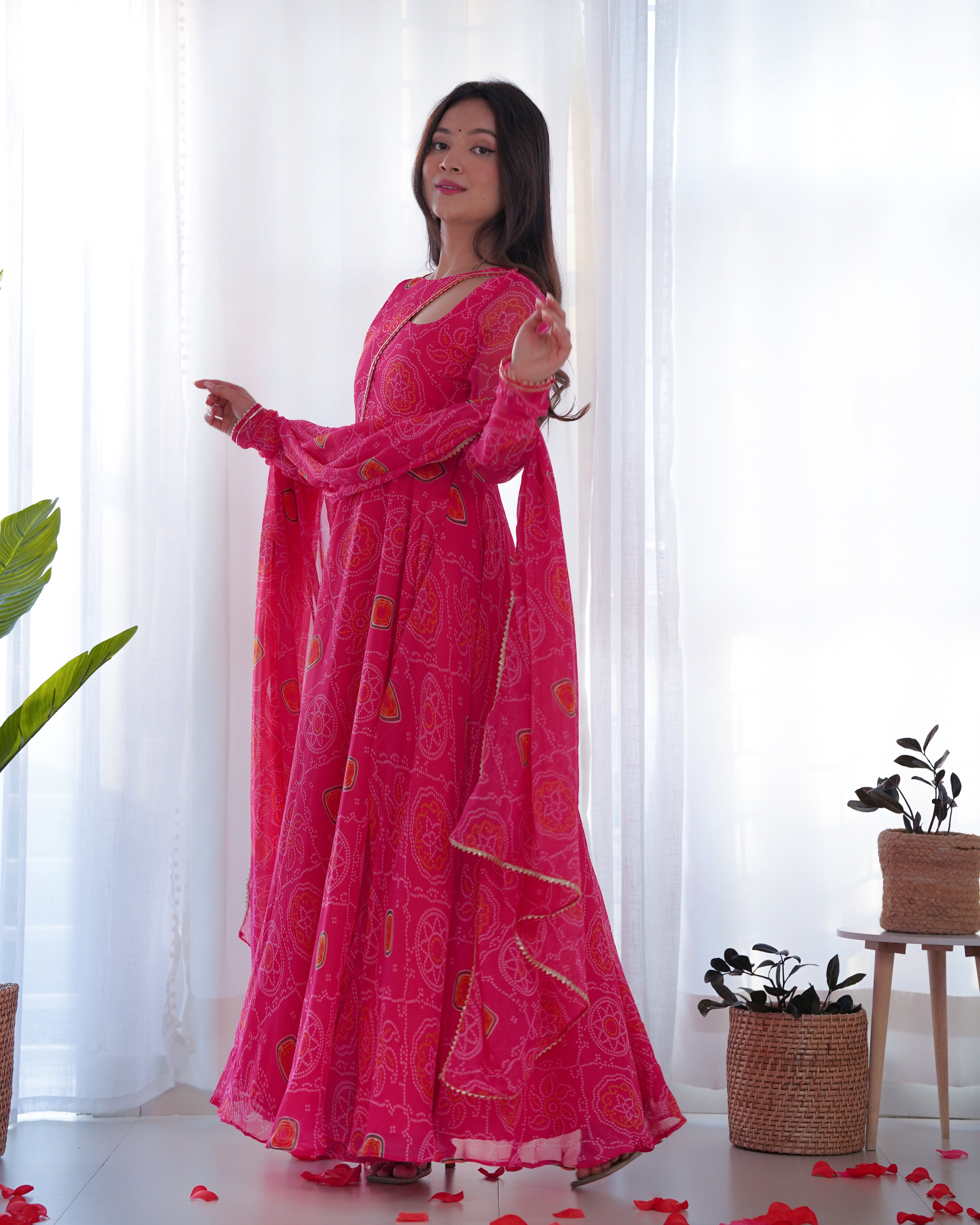 Lorenvalley Women Soft Chiffon Bandhej Fabric Print Fully Flair Anarkali With Pant Dupatta Set - Magenta