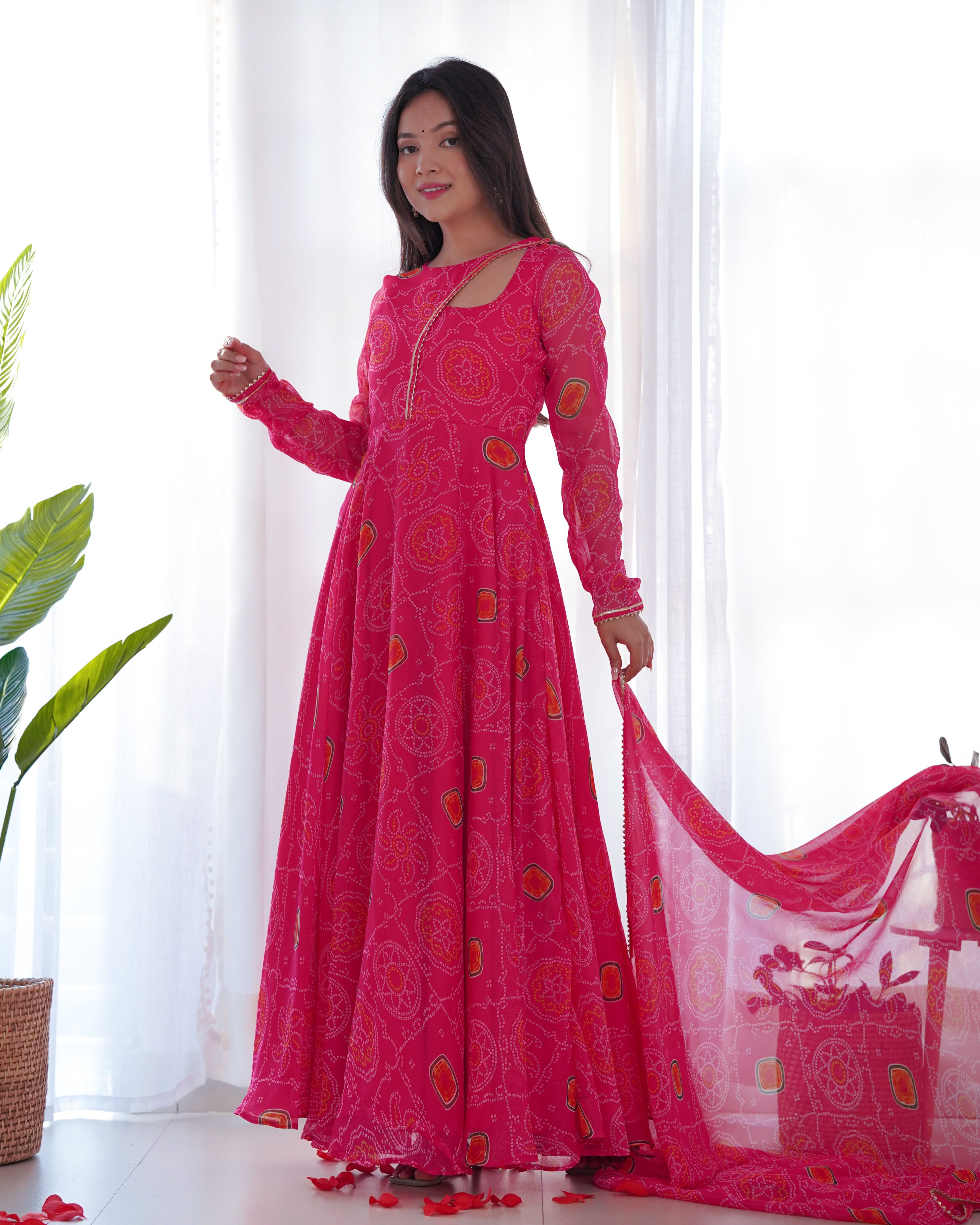 Lorenvalley Women Soft Chiffon Bandhej Fabric Print Fully Flair Anarkali With Pant Dupatta Set - Magenta