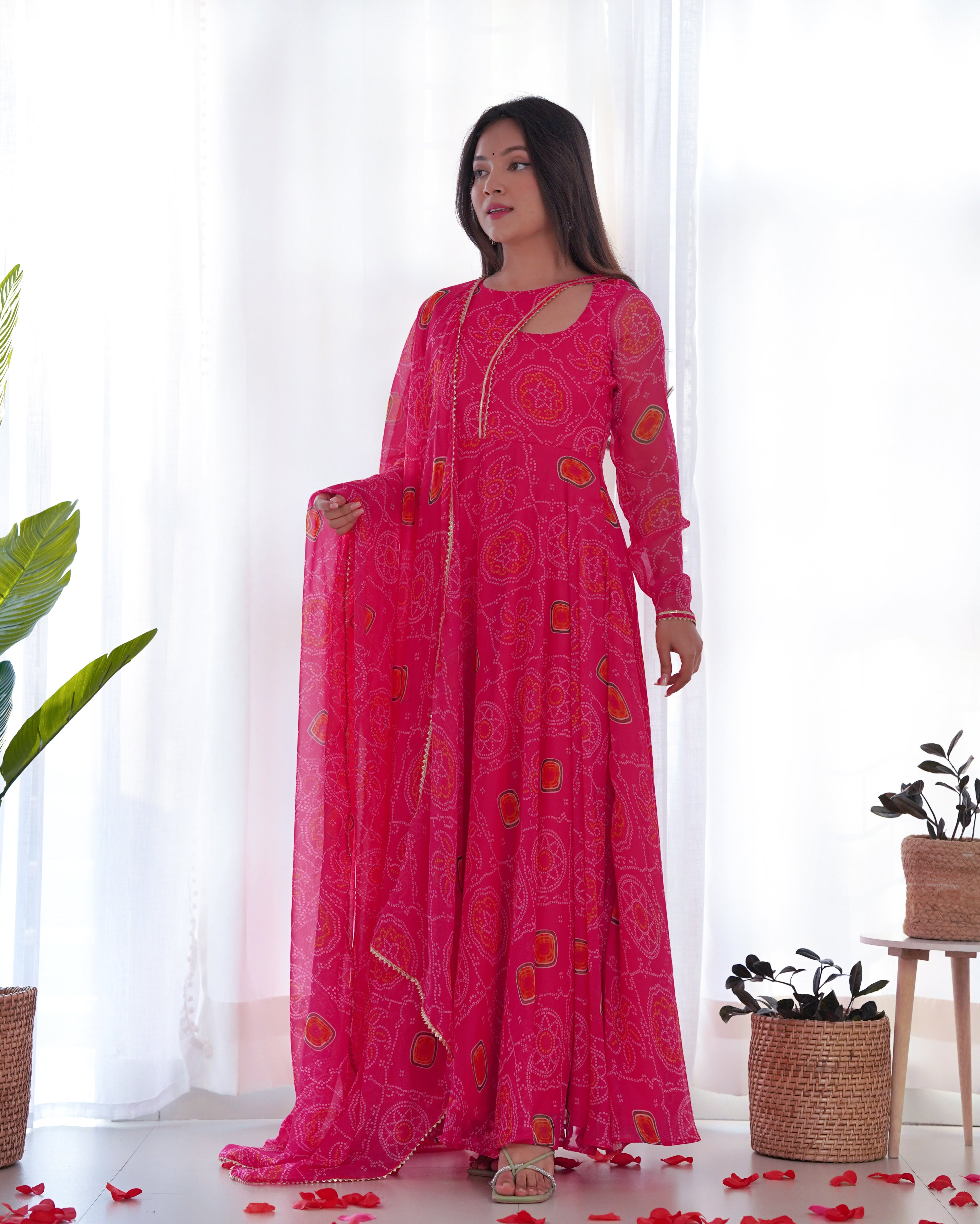 Lorenvalley Women Soft Chiffon Bandhej Fabric Print Fully Flair Anarkali With Pant Dupatta Set - Magenta