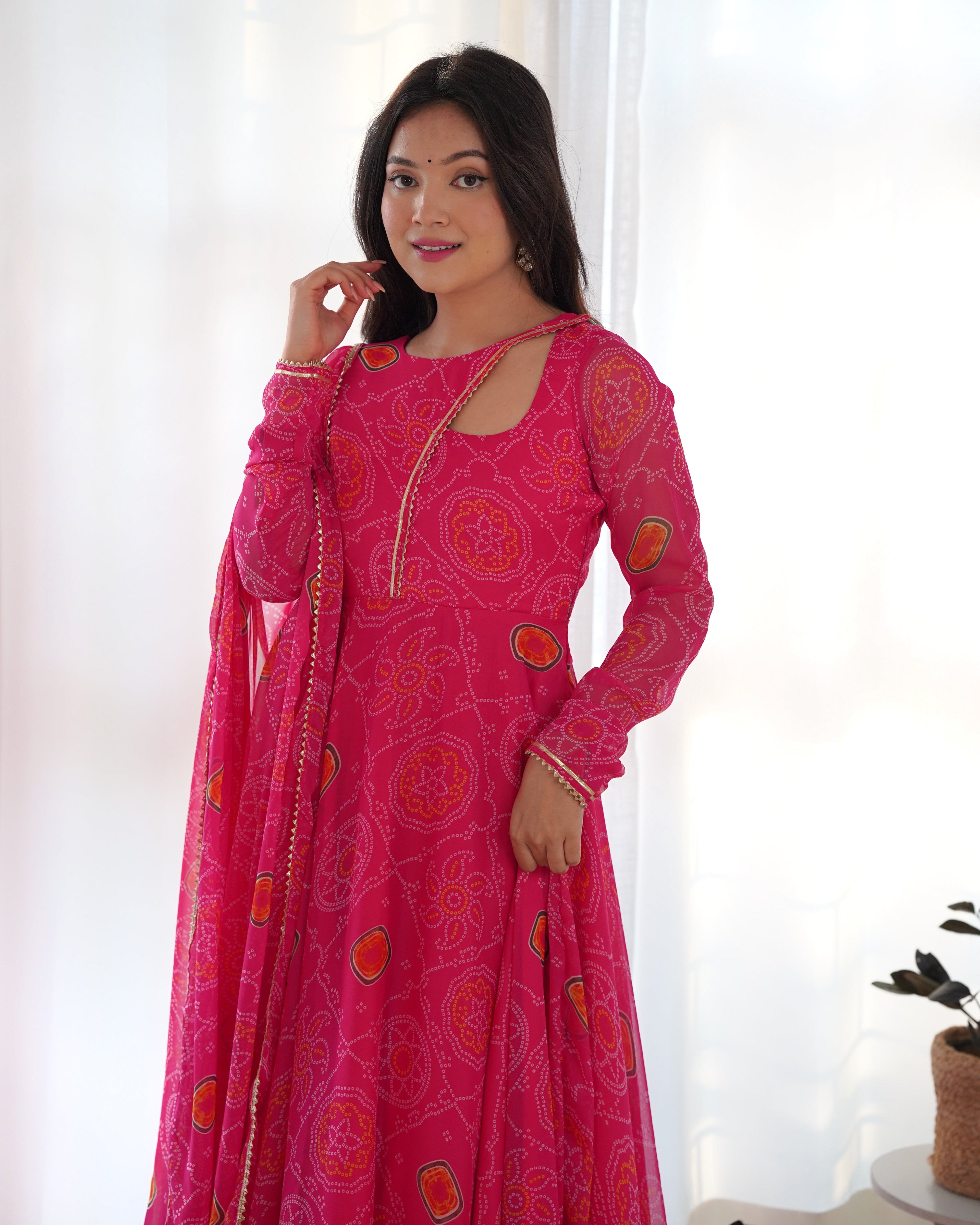 Lorenvalley Women Soft Chiffon Bandhej Fabric Print Fully Flair Anarkali With Pant Dupatta Set - Magenta