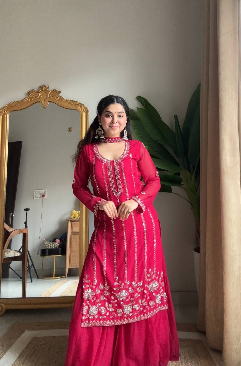Evanik Ranipink Georgette With Embroidered Sequence Work Plazzo Suit
