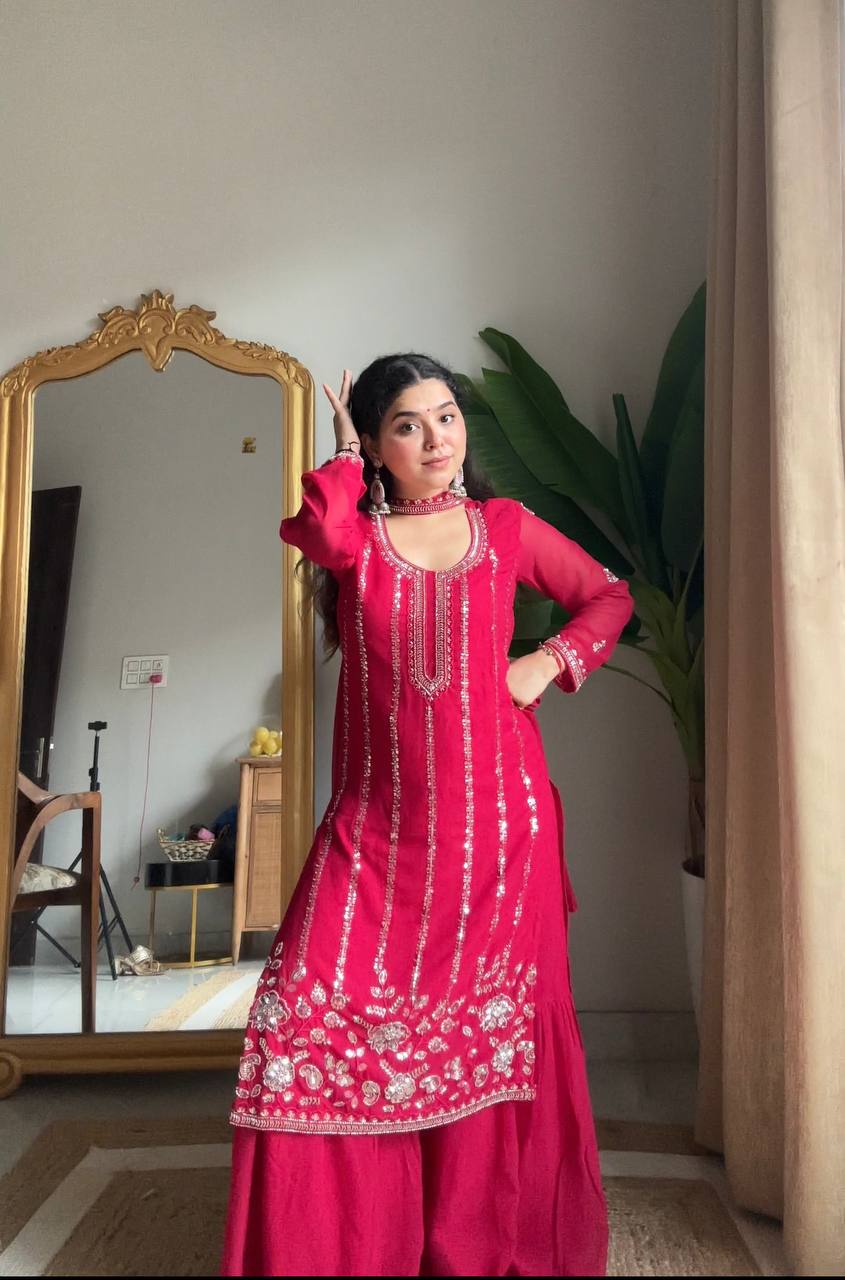 Evanik Ranipink Georgette With Embroidered Sequence Work Plazzo Suit