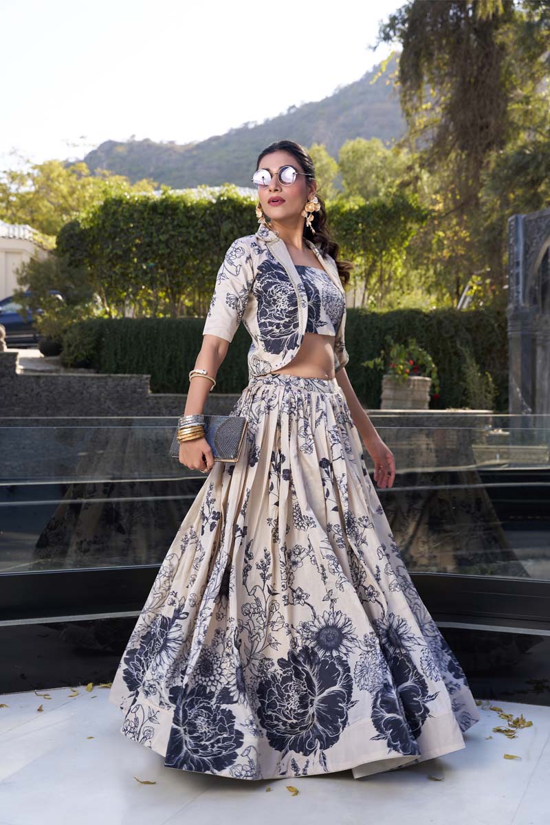 Evanik Women Tussar Silk With Floral Print Lehenga Blouse With Koti - Cream