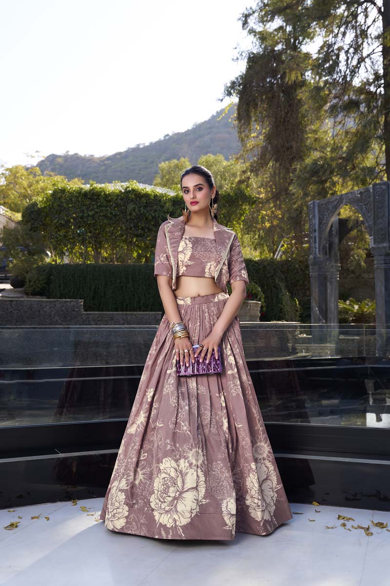 Evanik Women Tussar Silk With Floral Print Lehenga Blouse With Koti - onionpink