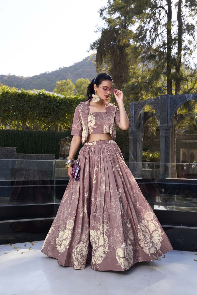 Evanik Women Tussar Silk With Floral Print Lehenga Blouse With Koti - onionpink