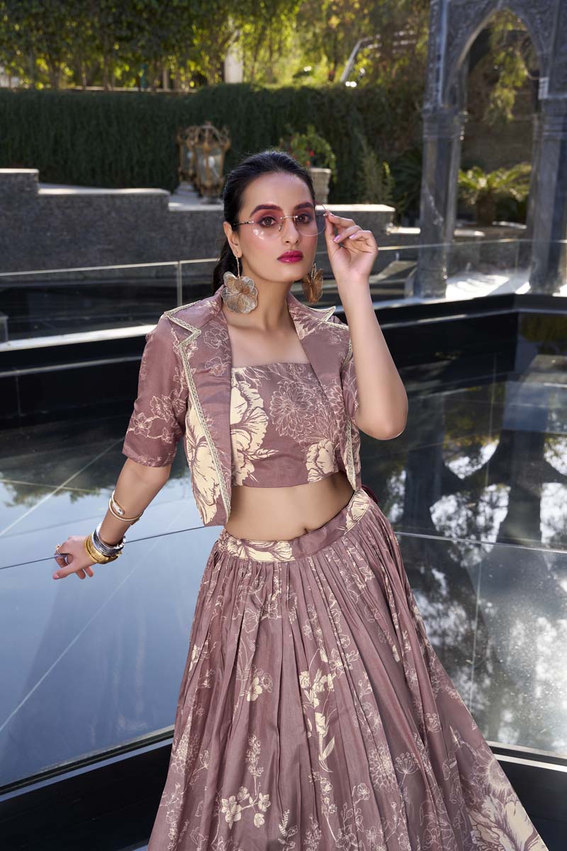 Evanik Women Tussar Silk With Floral Print Lehenga Blouse With Koti - onionpink