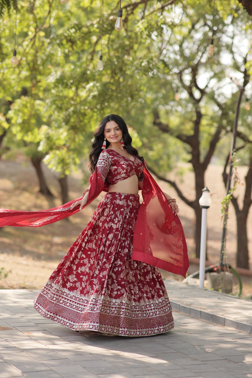 Lorenvalley Maroon Pure Viscose Jacquard with Embroidered Sequins work Lehenga Choli
