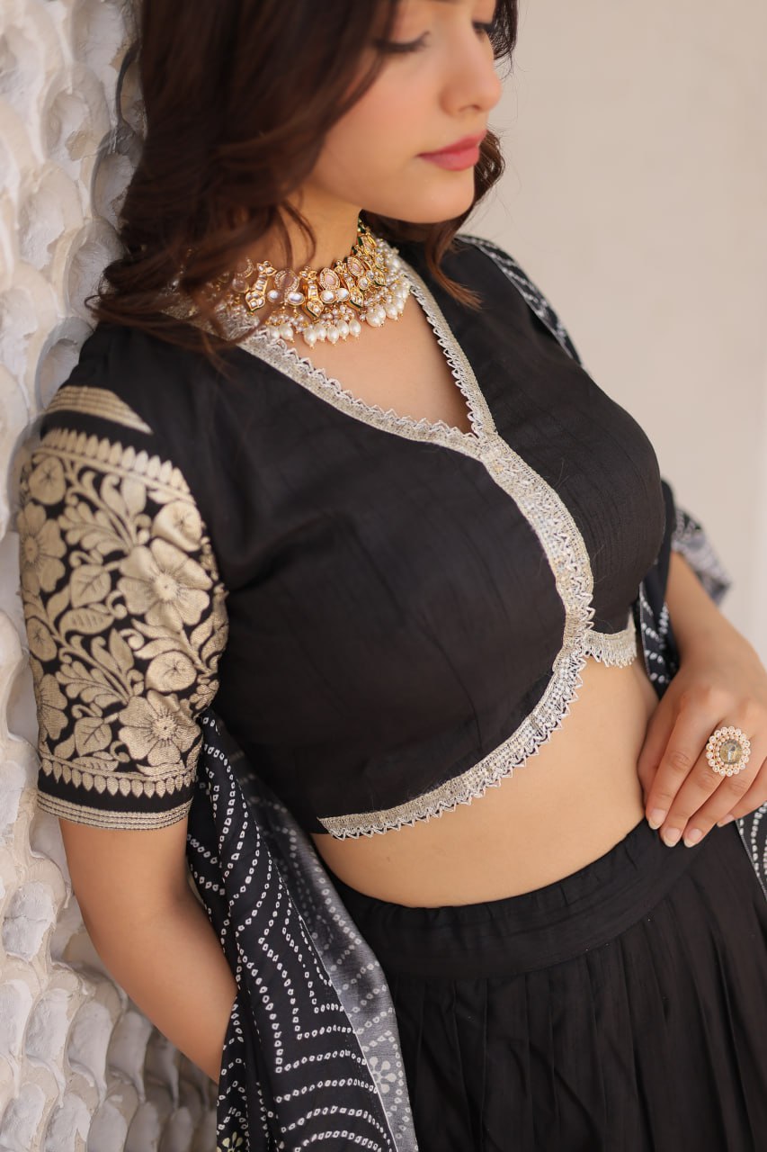 Lorenvalley Black Viscose Jacquard Lehenga Choli with Gajji silk Dupatta