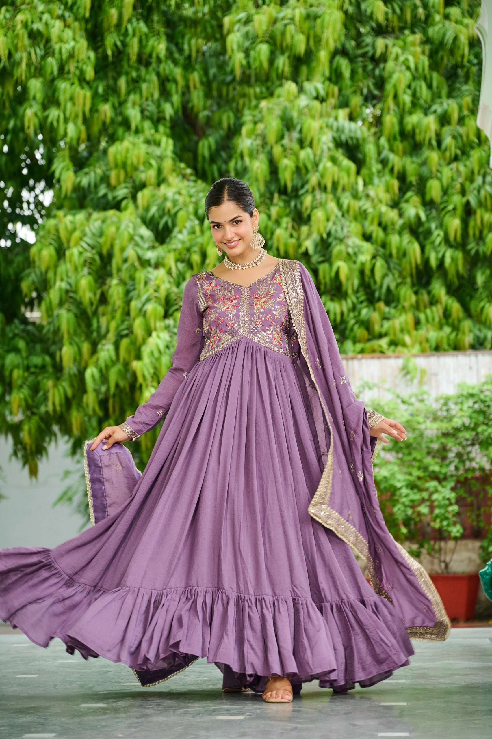 Evanik Designer Vichitra Silk with Rich Embroidered Zari & Thread Work Gown Dupatta
