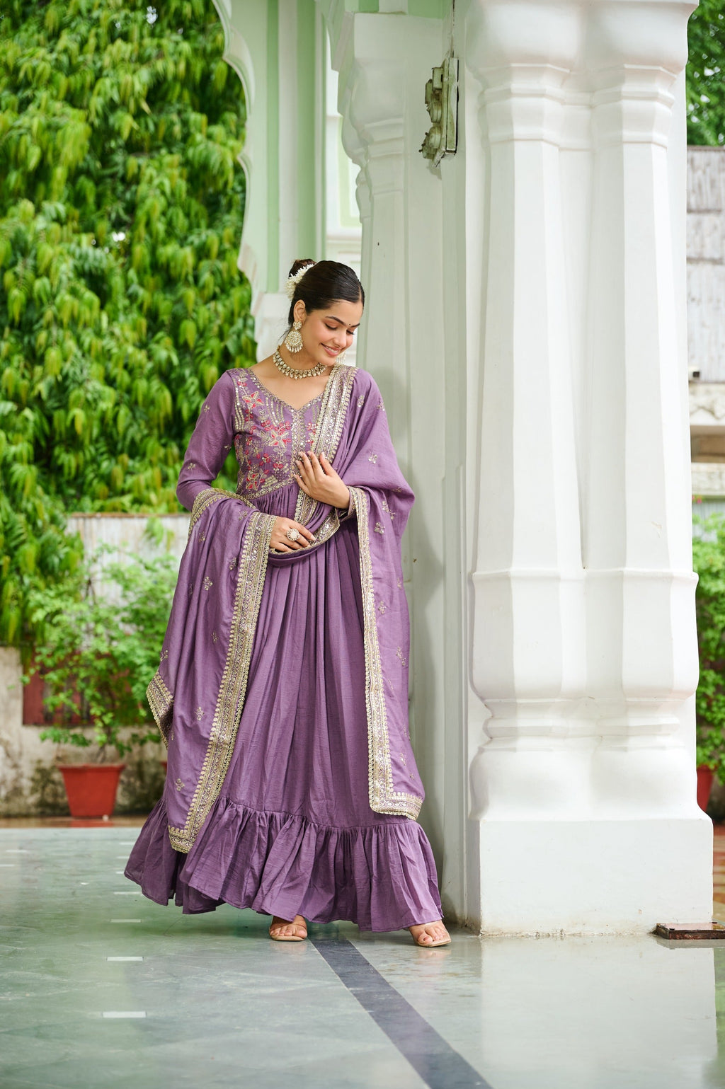 Evanik Designer Vichitra Silk with Rich Embroidered Zari & Thread Work Gown Dupatta