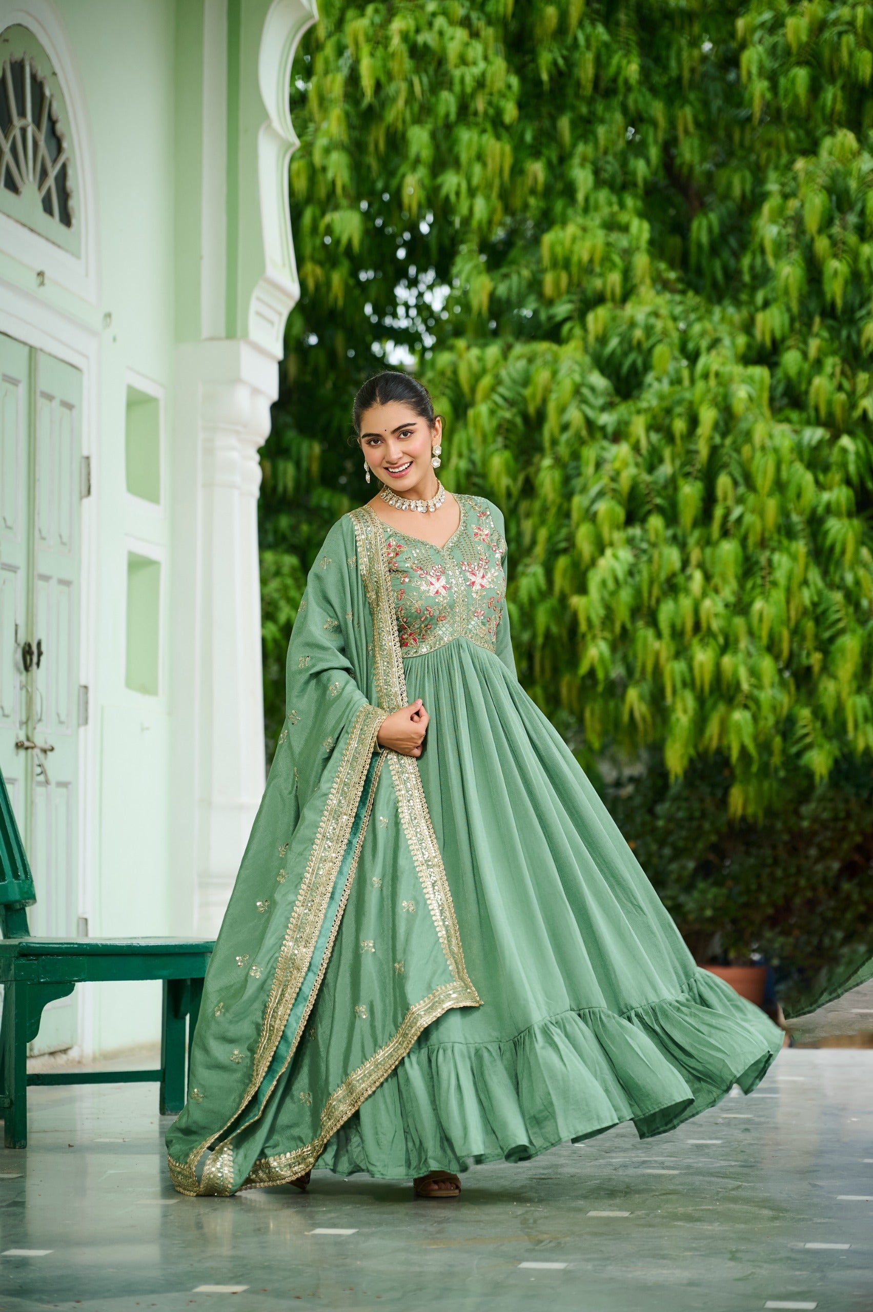 Evanik Designer Vichitra Silk with Rich Embroidered Zari & Thread Work Gown Dupatta
