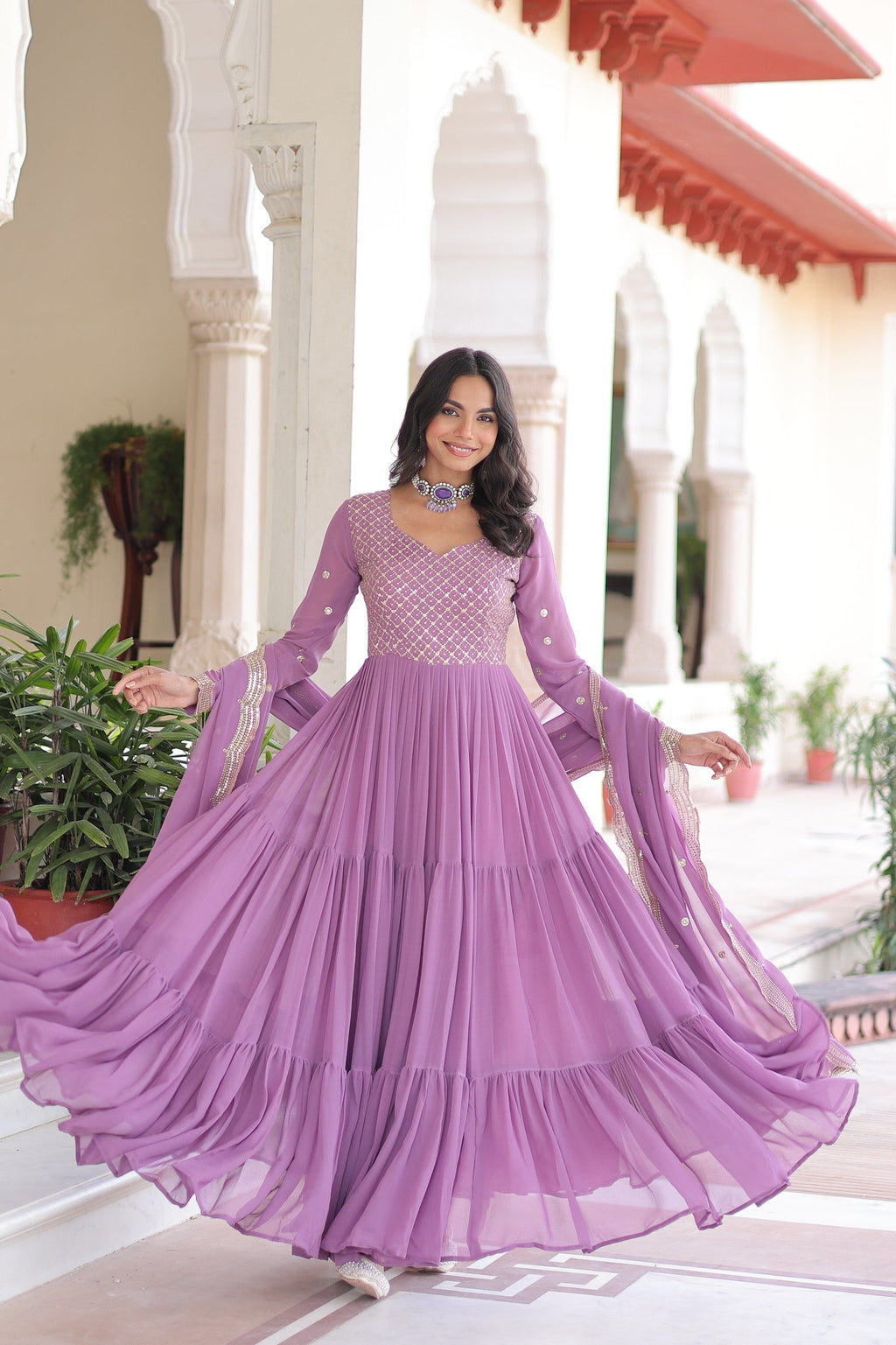 Evanik Onionpink Faux Georgette With Sequins & Zari Embroidered Work Gown Dupatta