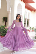 Evanik Onionpink Faux Georgette With Sequins & Zari Embroidered Work Gown Dupatta