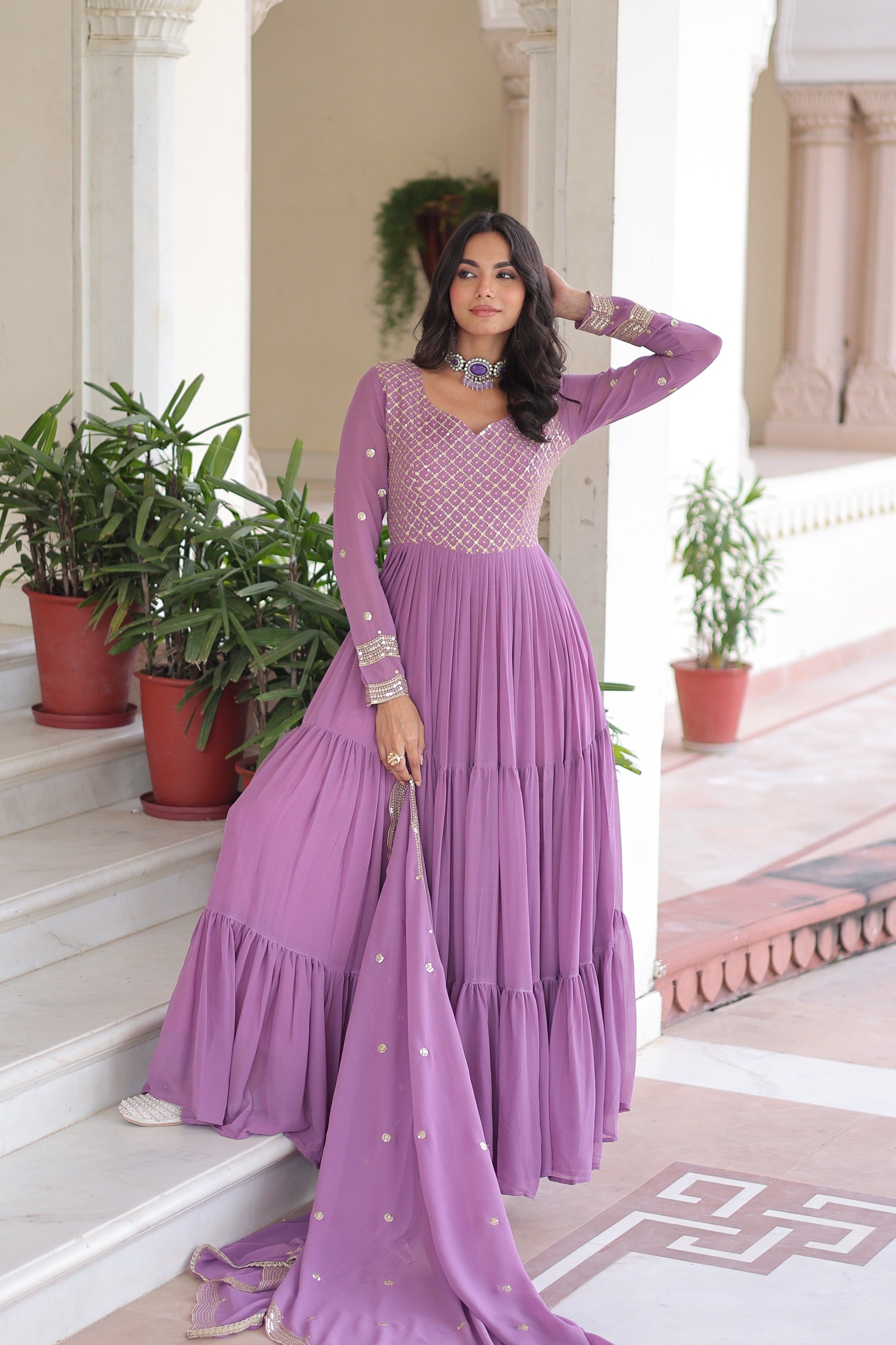 Evanik Onionpink Faux Georgette With Sequins & Zari Embroidered Work Gown Dupatta