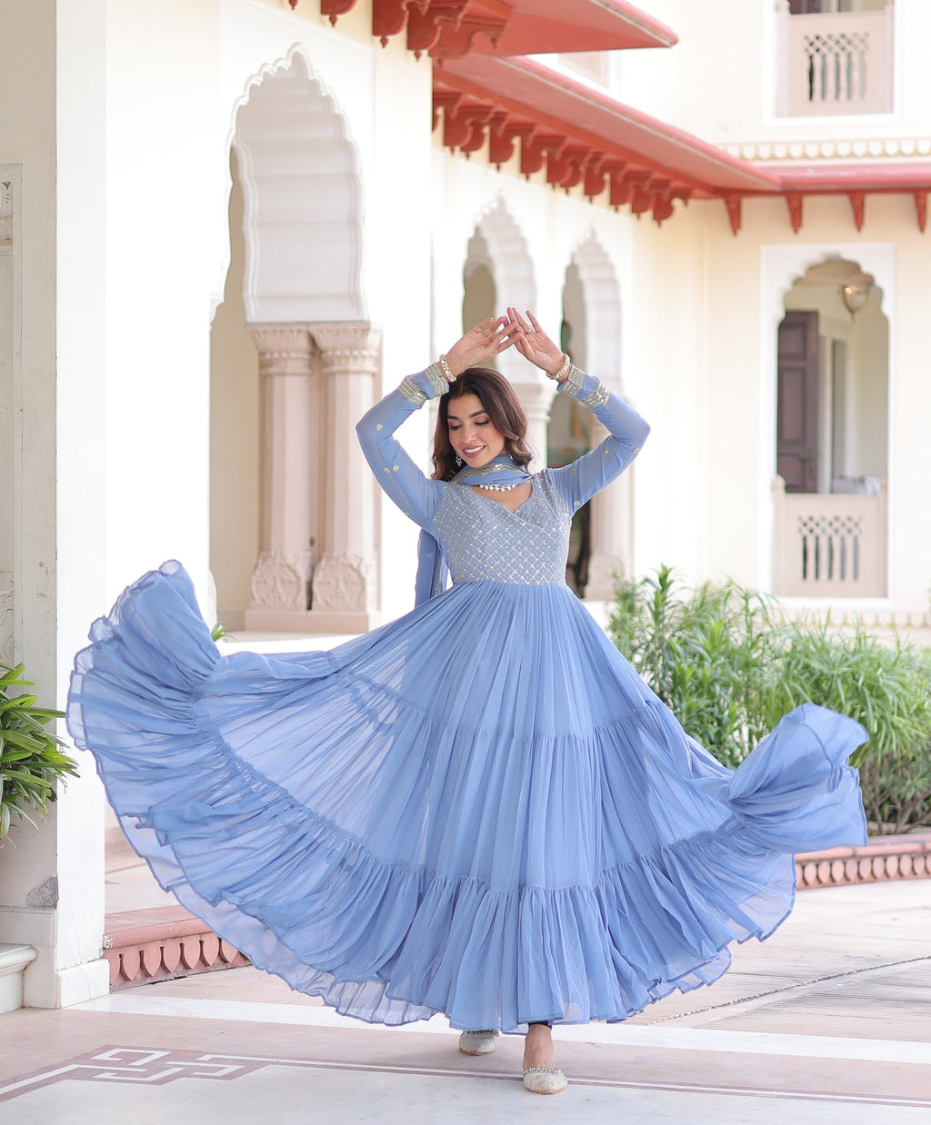 Evanik Skyblue Faux Georgette With Sequins & Zari Embroidered Work Gown Dupatta