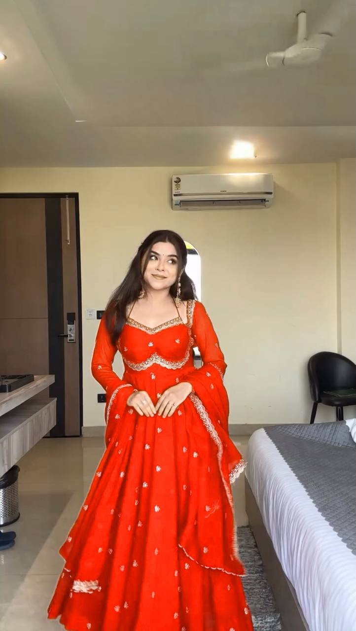 Evanik Orange Faux Georgette With Embroidered Sequence Work Anarkali Suit