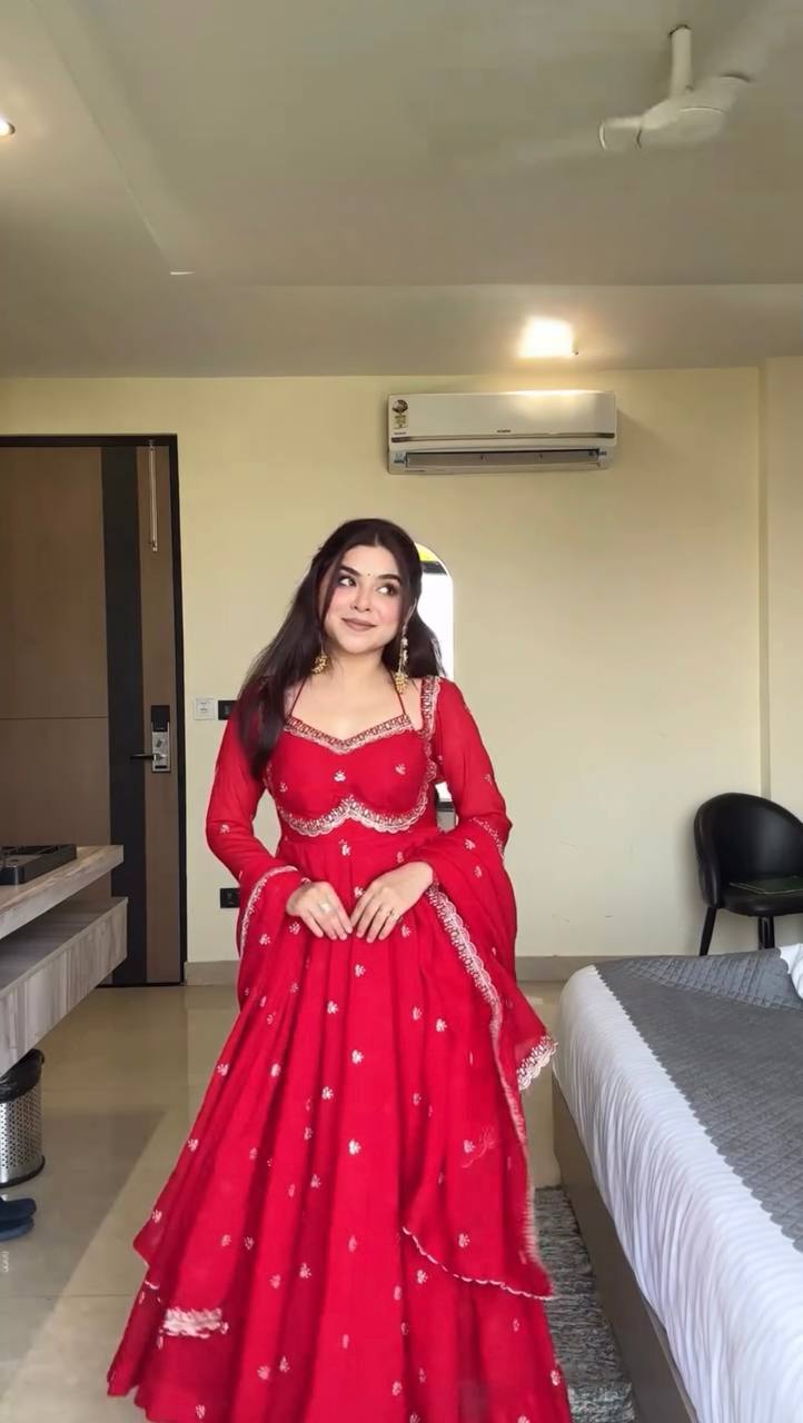 Evanik Red Faux Georgette With Embroidered Sequence Work Anarkali Suit