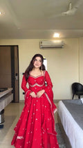 Evanik Red Faux Georgette With Embroidered Sequence Work Anarkali Suit