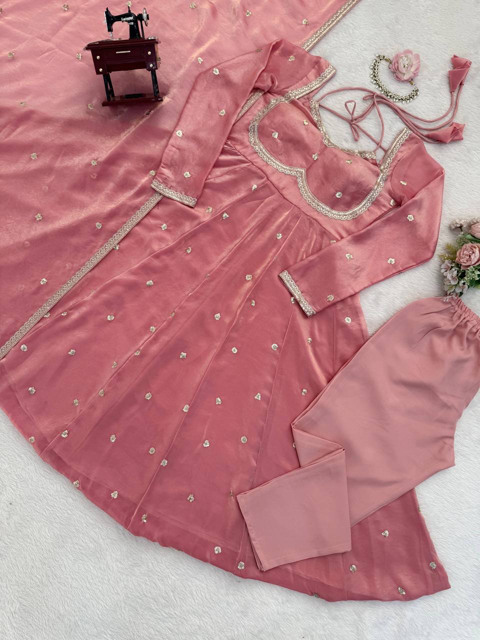 Evanik Pink Fendi Silk With thread Sequence Work Anarkali Suit