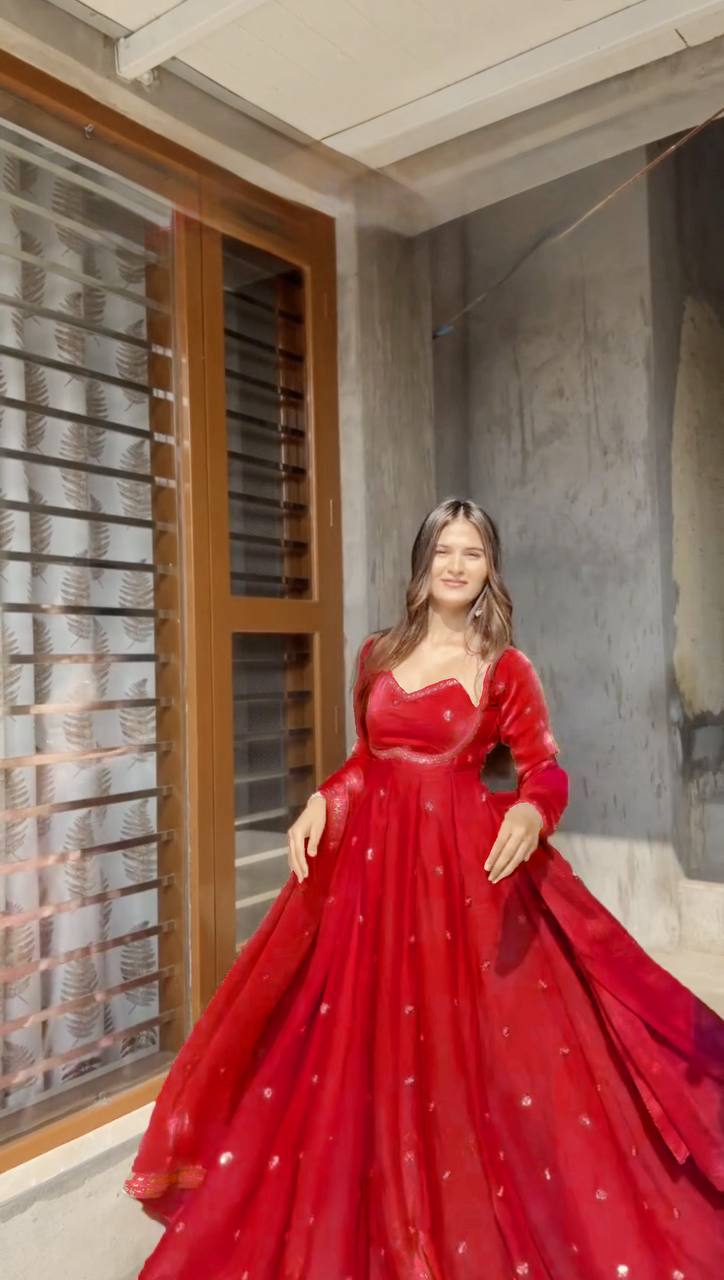 Evanik Red Fendi Silk With thread Sequence Work Anarkali Suit