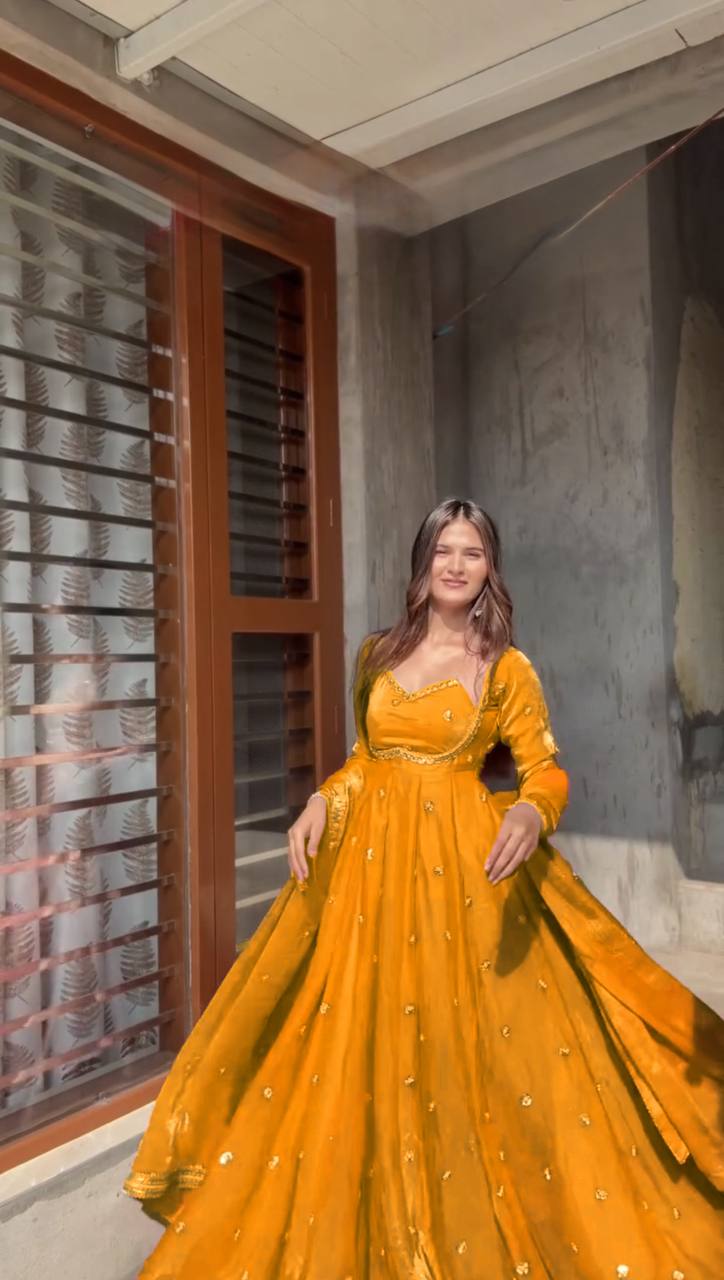 Evanik Yellow Fendi Silk With thread Sequence Work Anarkali Suit