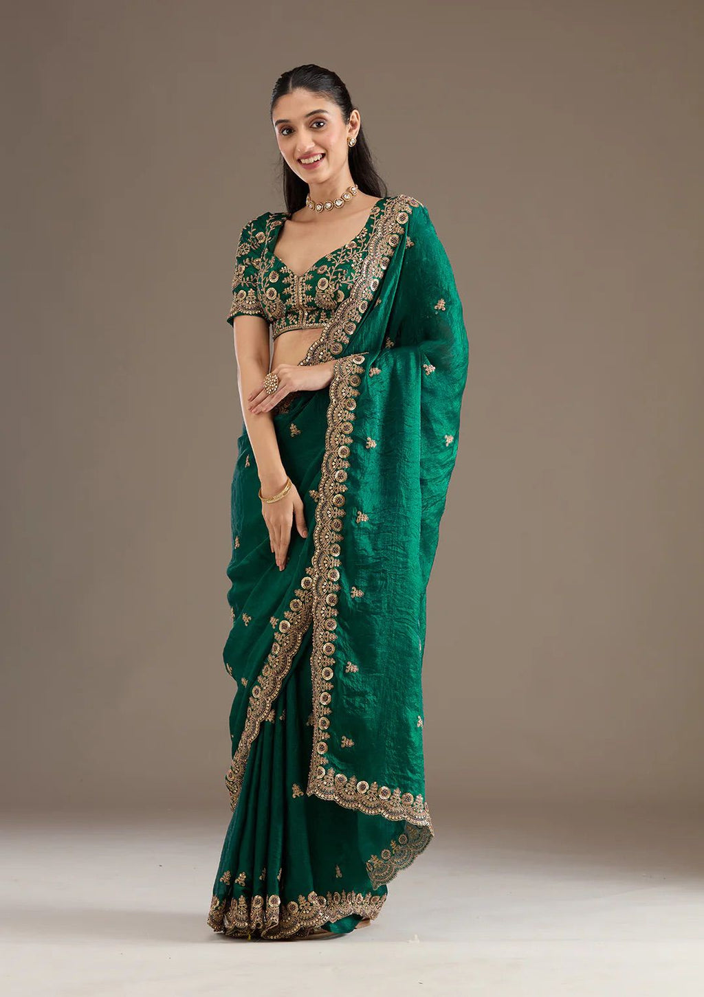 Evanik Green Fendy Satin Silk With Sequence Work Saree With Unstitched Blouse