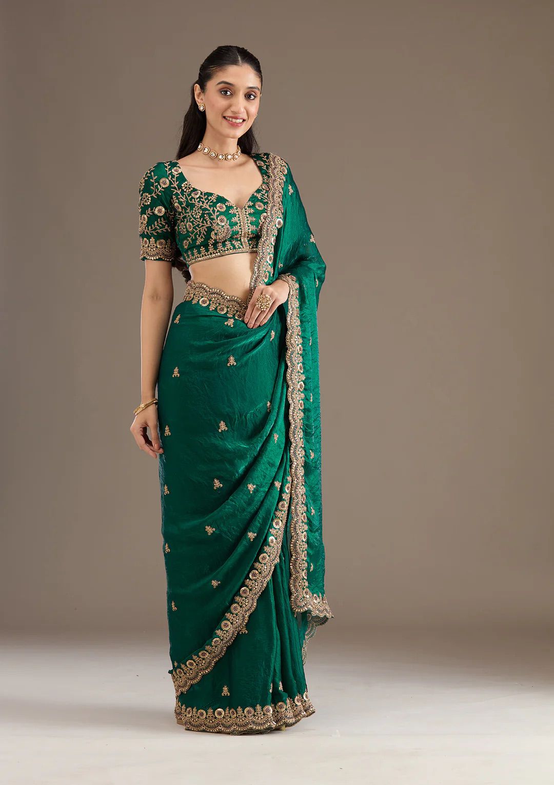 Evanik Green Fendy Satin Silk With Sequence Work Saree With Unstitched Blouse