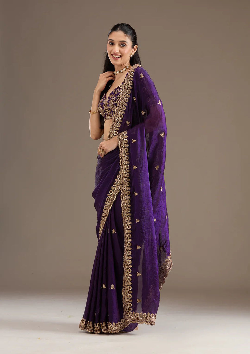 Evanik Purple Fendy Satin Silk With Sequence Work Saree With Unstitched Blouse