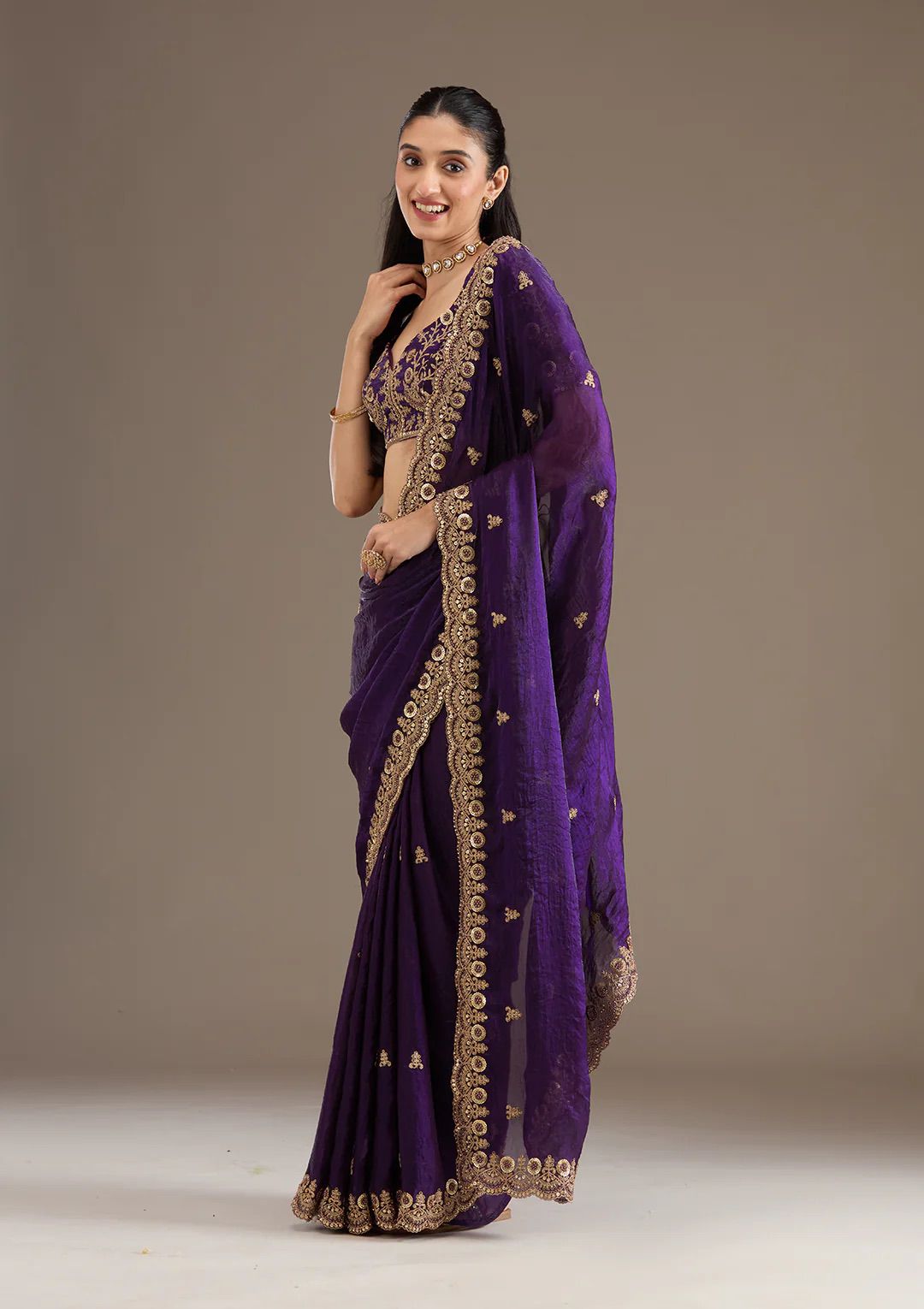 Evanik Purple Fendy Satin Silk With Sequence Work Saree With Unstitched Blouse
