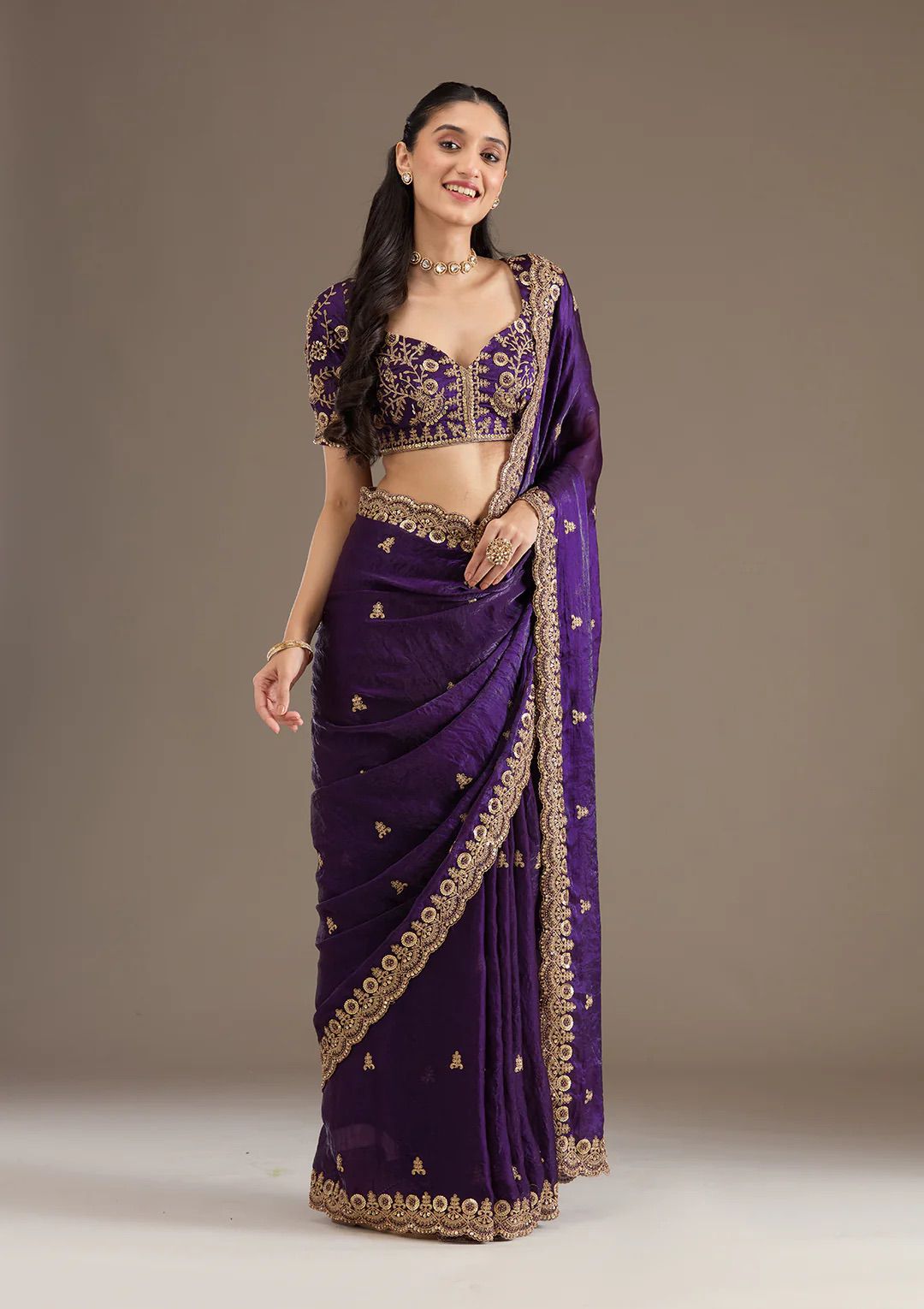 Evanik Purple Fendy Satin Silk With Sequence Work Saree With Unstitched Blouse