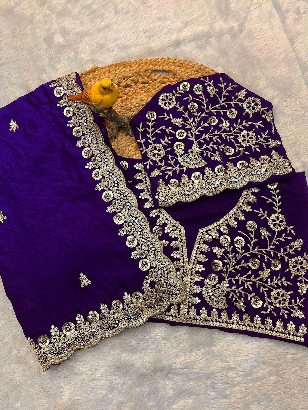 Evanik Purple Fendy Satin Silk With Sequence Work Saree With Unstitched Blouse