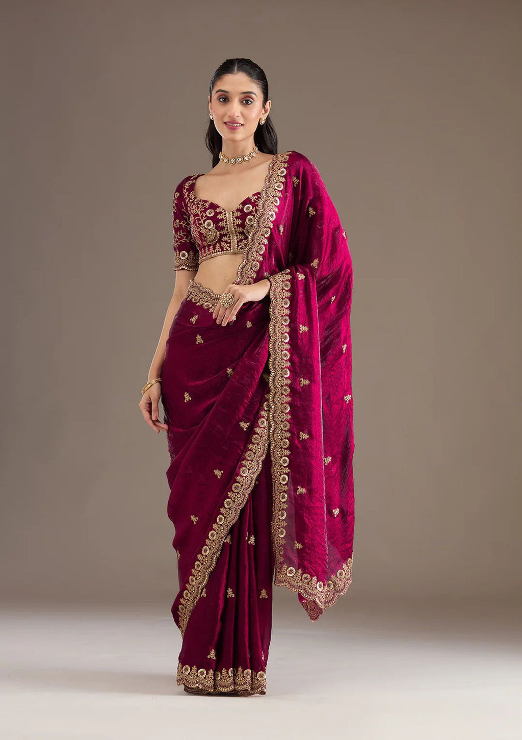 Evanik Ranipink Fendy Satin Silk With Sequence Work Saree With Unstitched Blouse