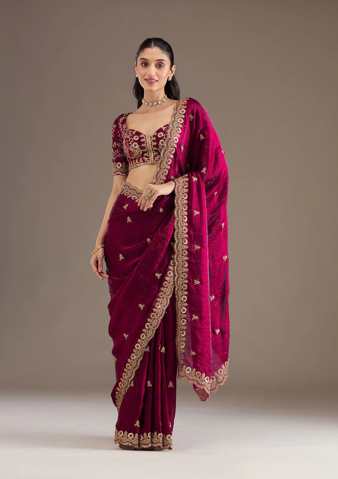 Evanik Ranipink Fendy Satin Silk With Sequence Work Saree With Unstitched Blouse