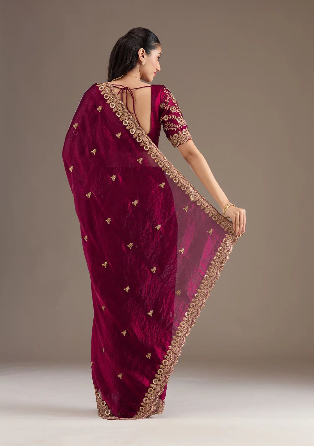 Evanik Ranipink Fendy Satin Silk With Sequence Work Saree With Unstitched Blouse