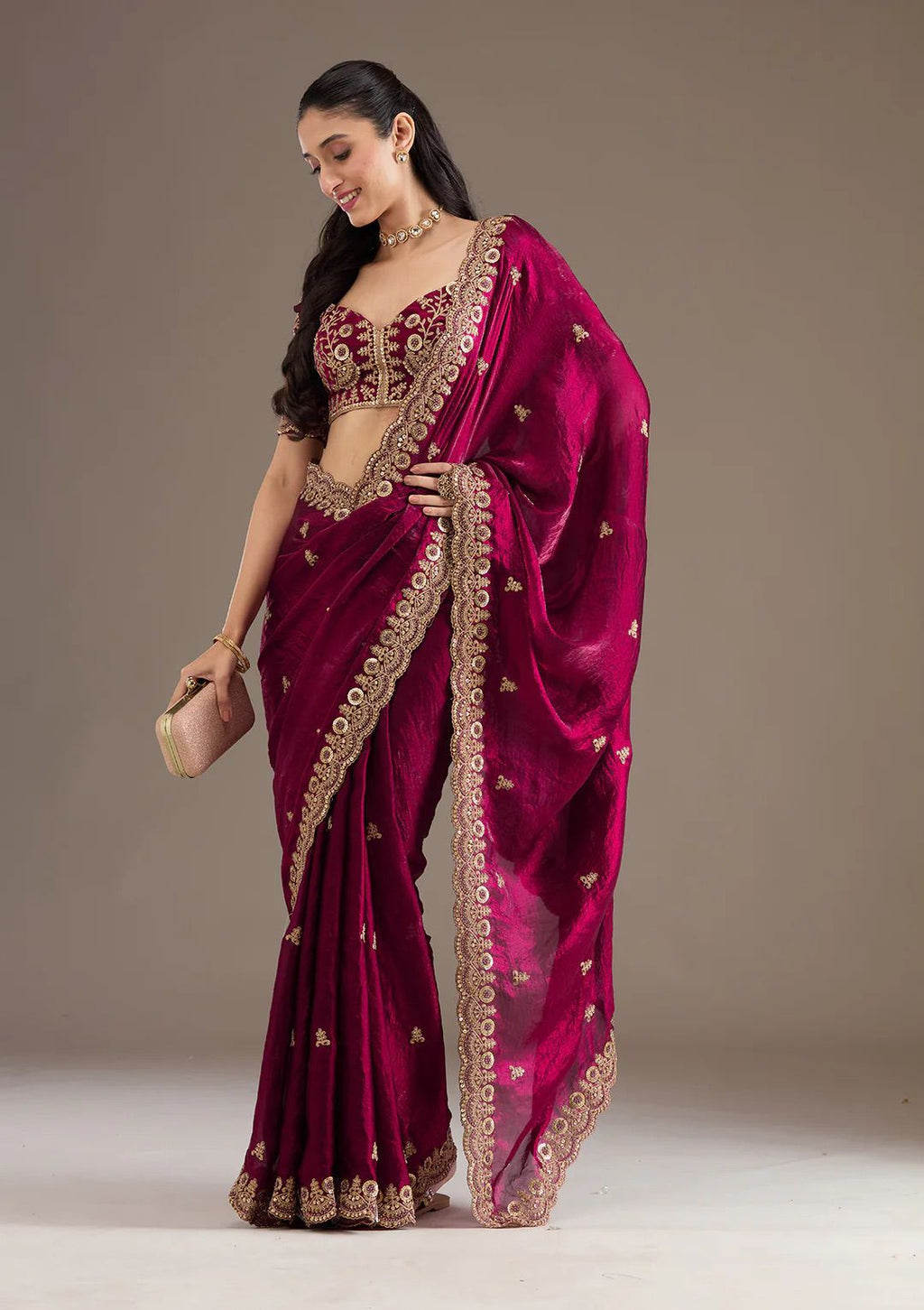 Evanik Ranipink Fendy Satin Silk With Sequence Work Saree With Unstitched Blouse