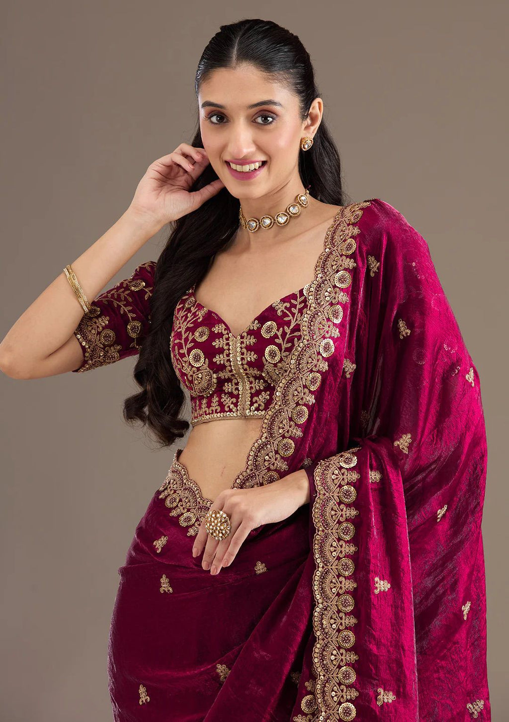 Evanik Ranipink Fendy Satin Silk With Sequence Work Saree With Unstitched Blouse