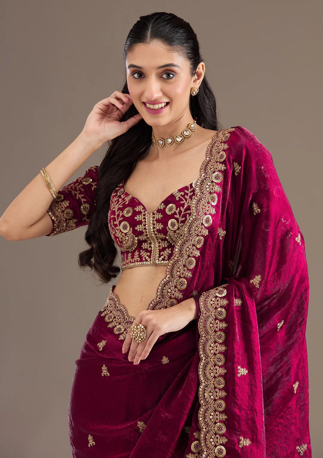Evanik Ranipink Fendy Satin Silk With Sequence Work Saree With Unstitched Blouse