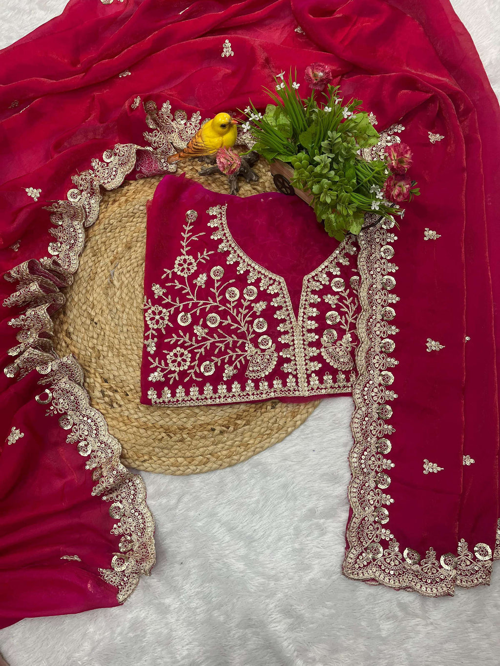 Evanik Ranipink Fendy Satin Silk With Sequence Work Saree With Unstitched Blouse