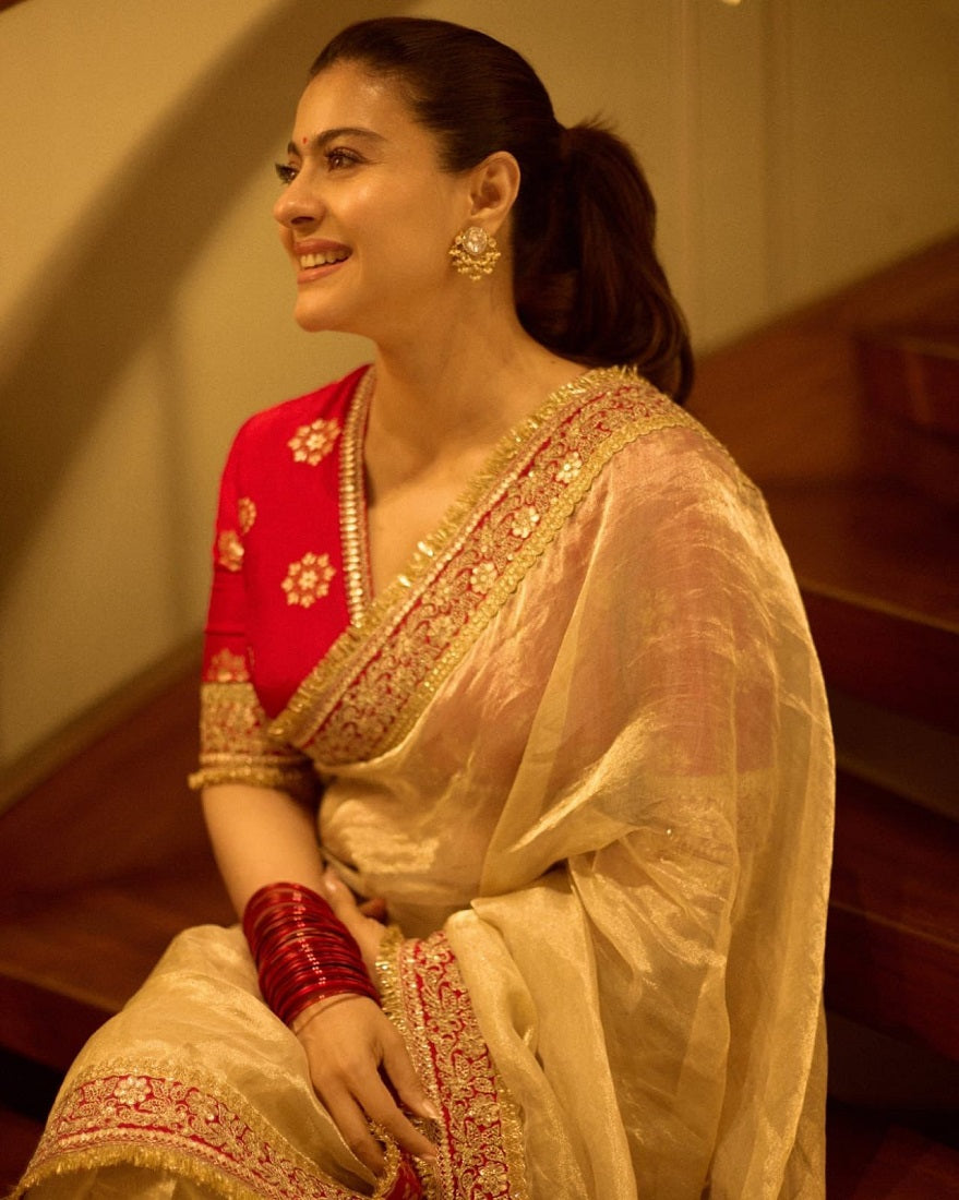 Evanik Cream Mocha Silk With Coding Sequence Lace Work Saree With Unstitched Blouse