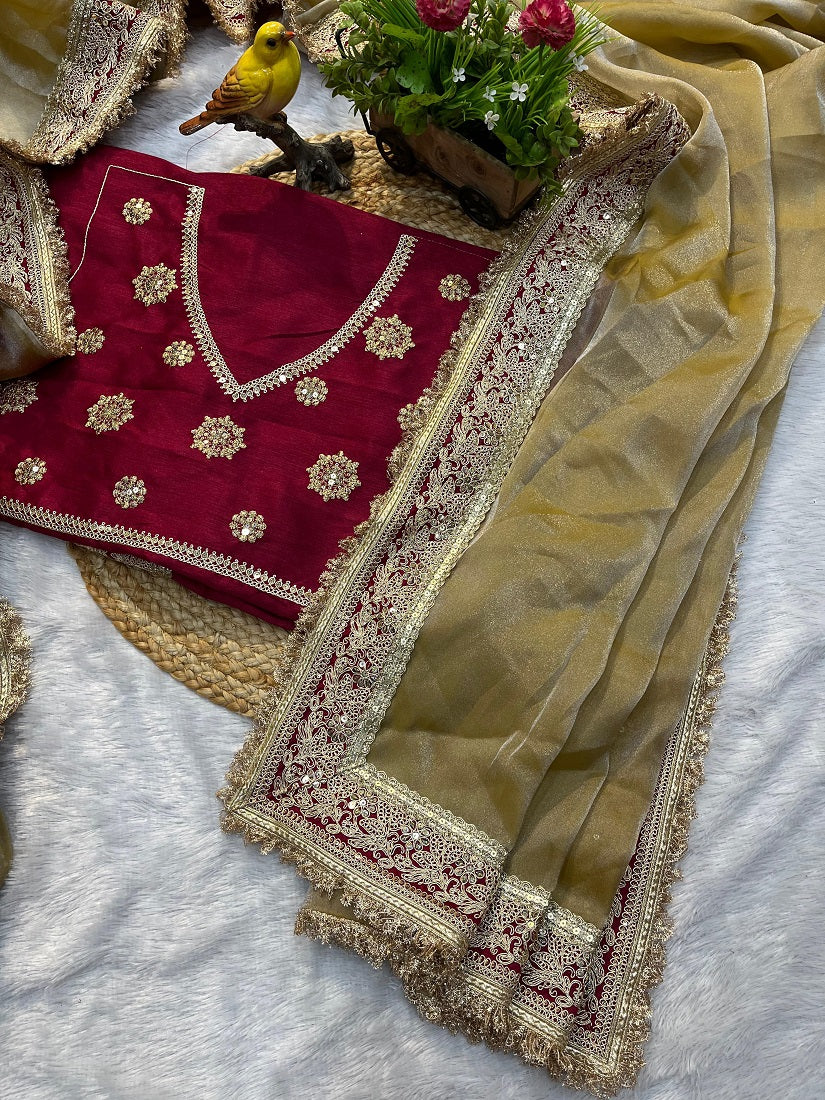 Evanik Cream Mocha Silk With Coding Sequence Lace Work Saree With Unstitched Blouse