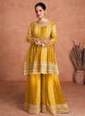 Lorenvalley Women Shaded Yellow Chinon Silk Fabric Embroidered Kurta Palazzo & With Dupatta